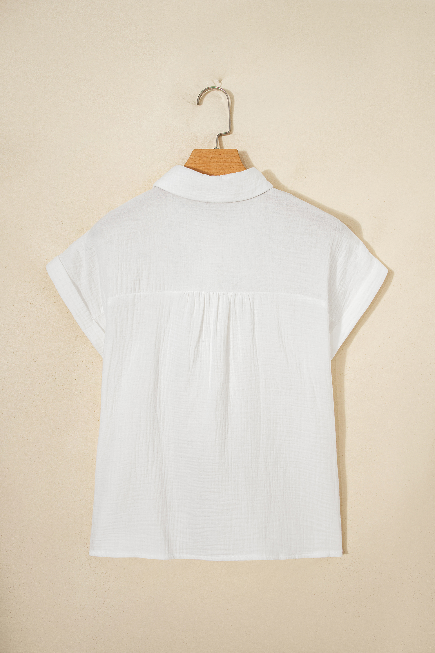 White Lace Trim Cuffed Short Sleeve Textured Shirt view 6