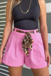 Bright Pink Leopard Contrast Sash Belt Pleated Wide Leg Shorts