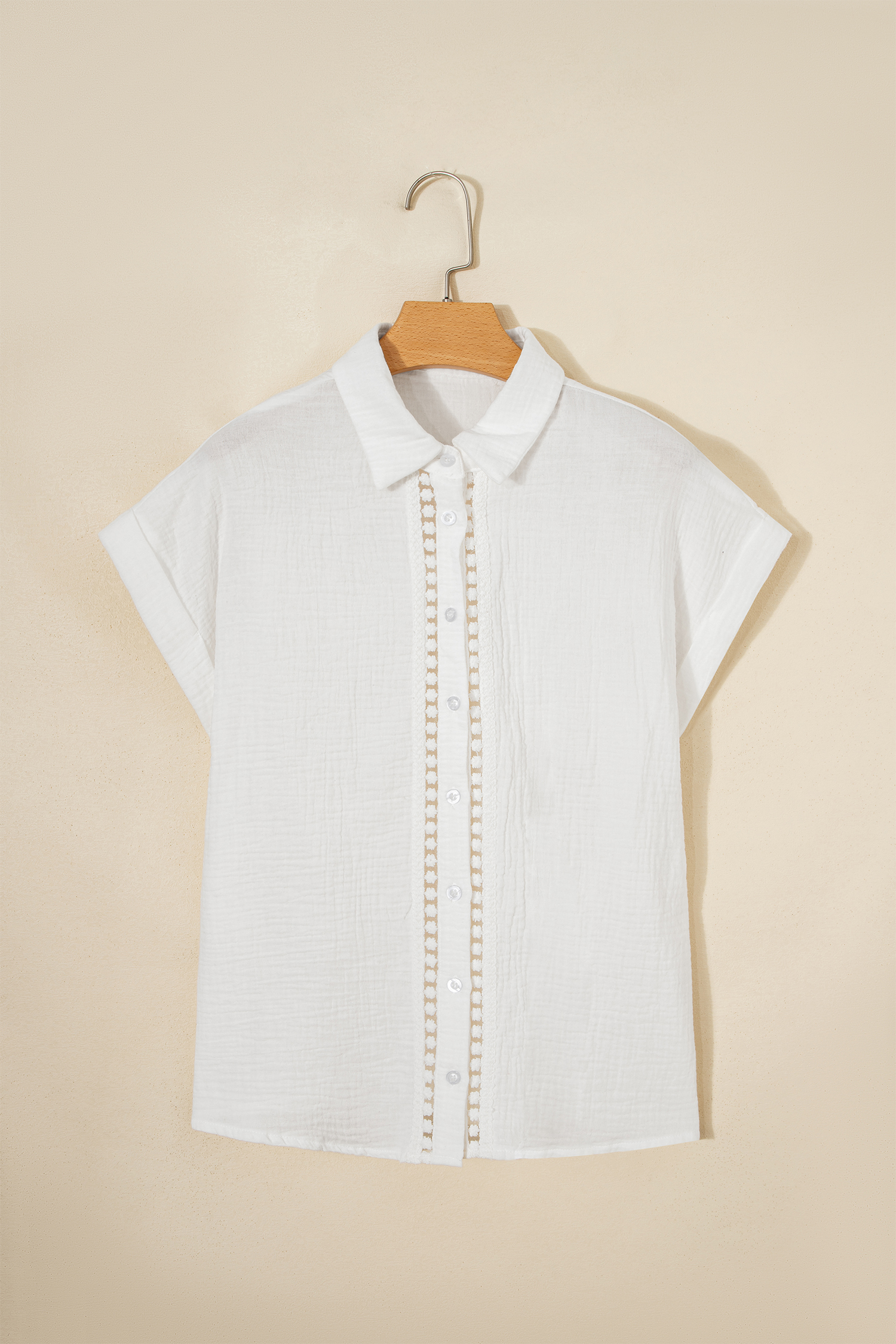 White Lace Trim Cuffed Short Sleeve Textured Shirt view 5