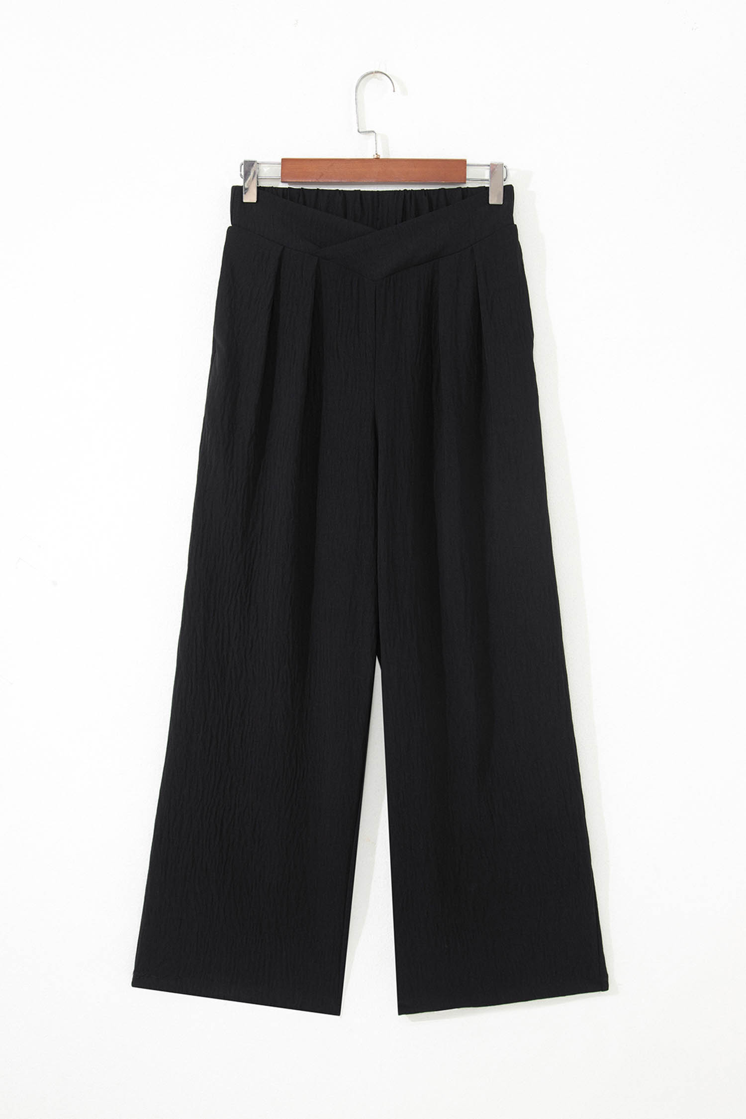 Color black Solid Color Textured Crossed Waist Loose Pants view 7