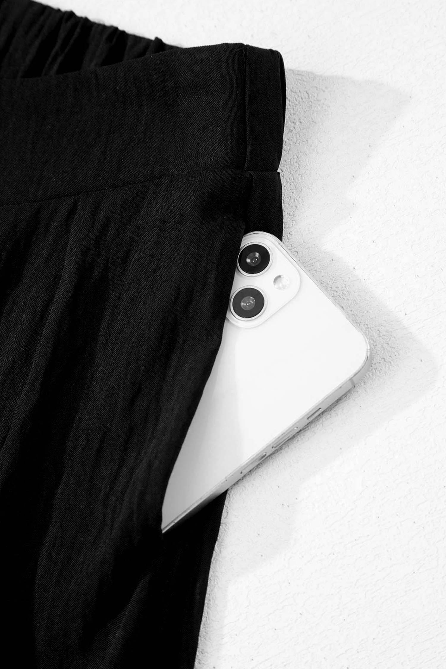 Color black Solid Color Textured Crossed Waist Loose Pants view 12