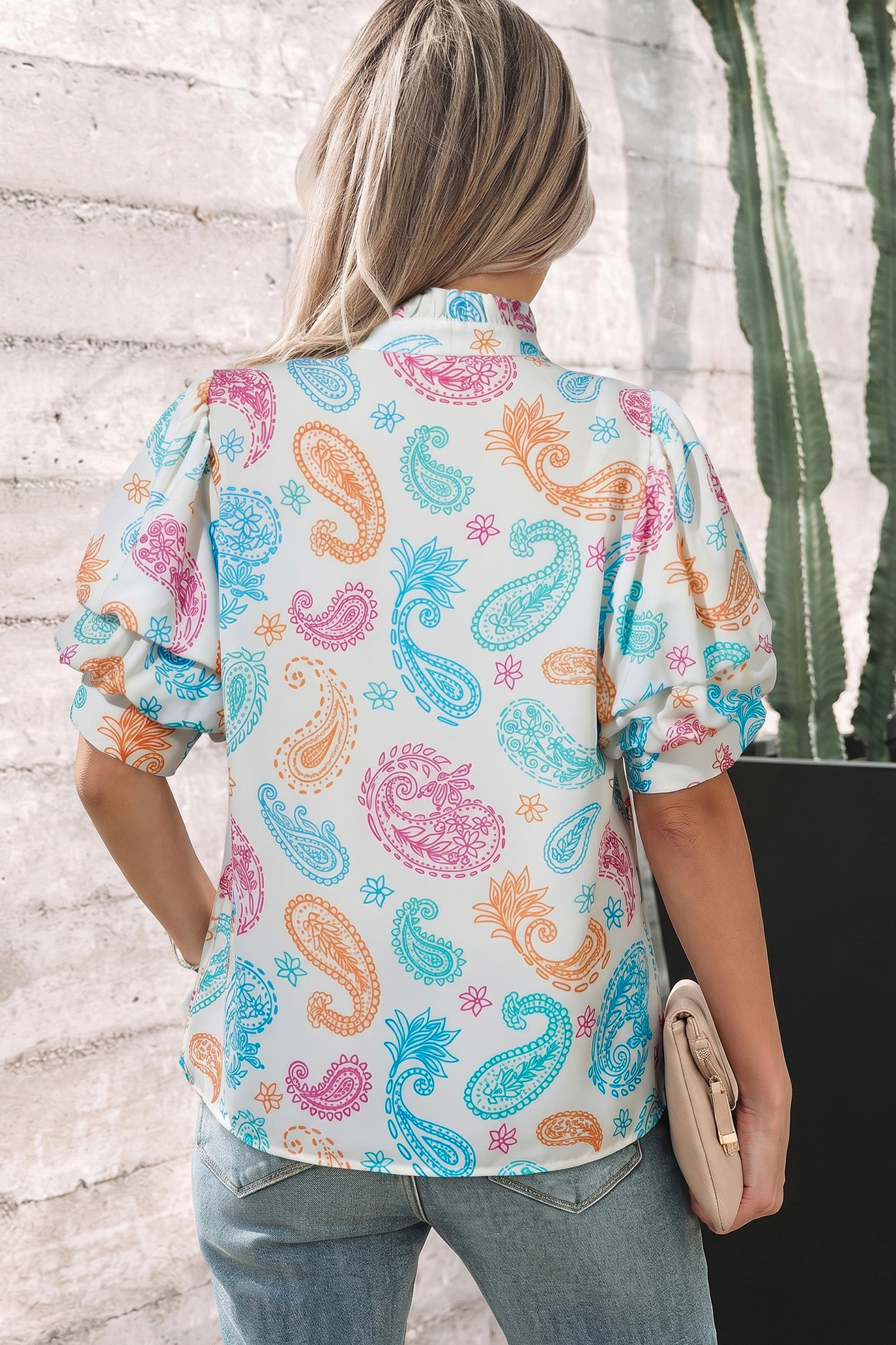 Multicolour Vibrant Paisley Printed Button Keyhole Puff Sleeve Blouse view 2