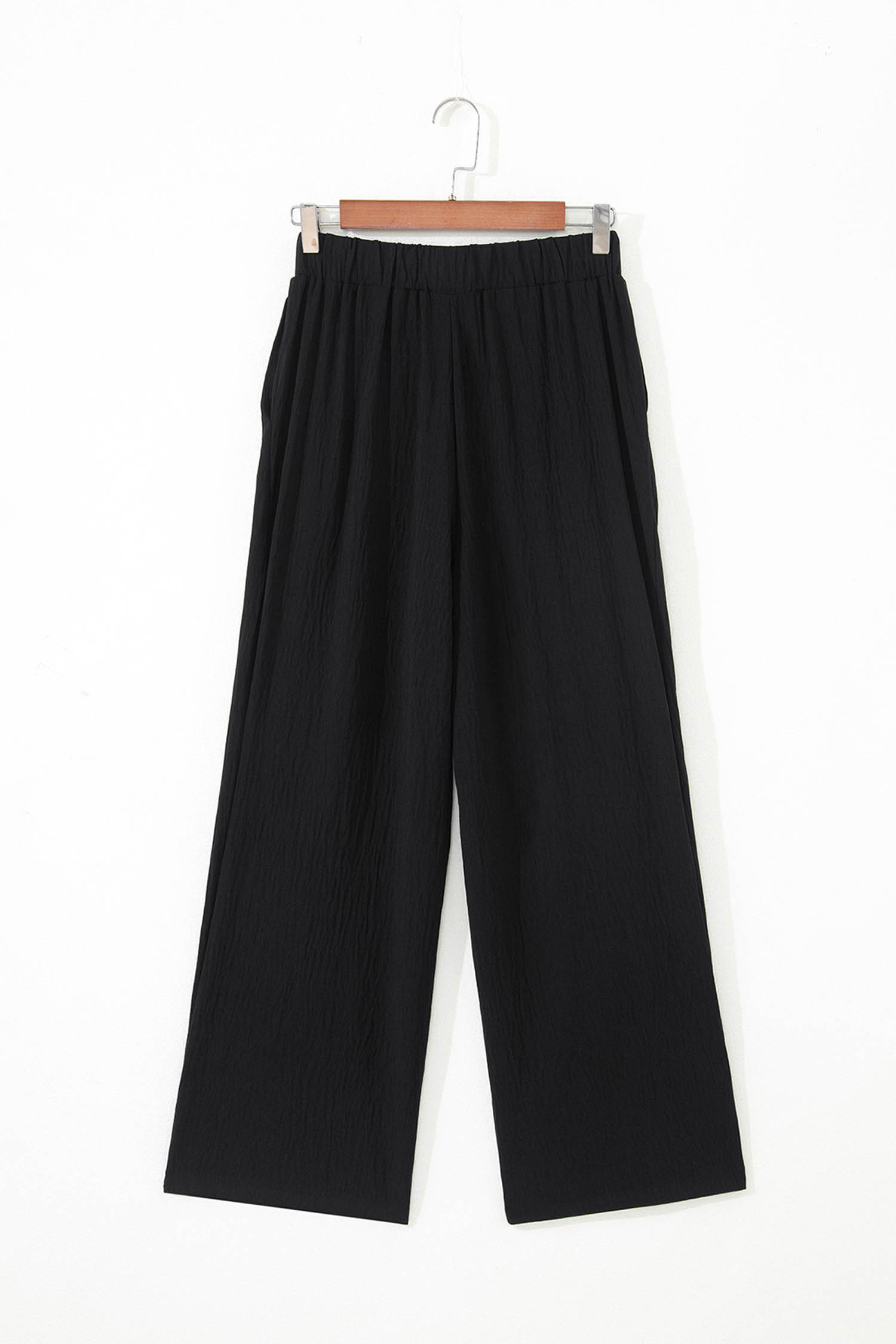Color black Solid Color Textured Crossed Waist Loose Pants view 8