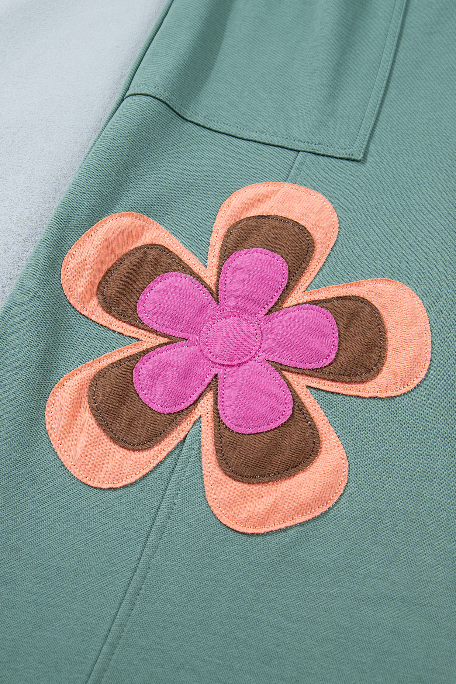 Sea Green Color Block Flower Patchwork Drawstring Contrasted Elastic Waist Wide Leg Pants view 11