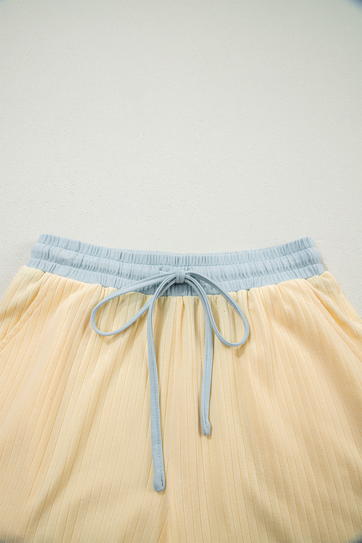 Yellow Cream Soft Ribbed Color Block Trim Casual Short Set view 12