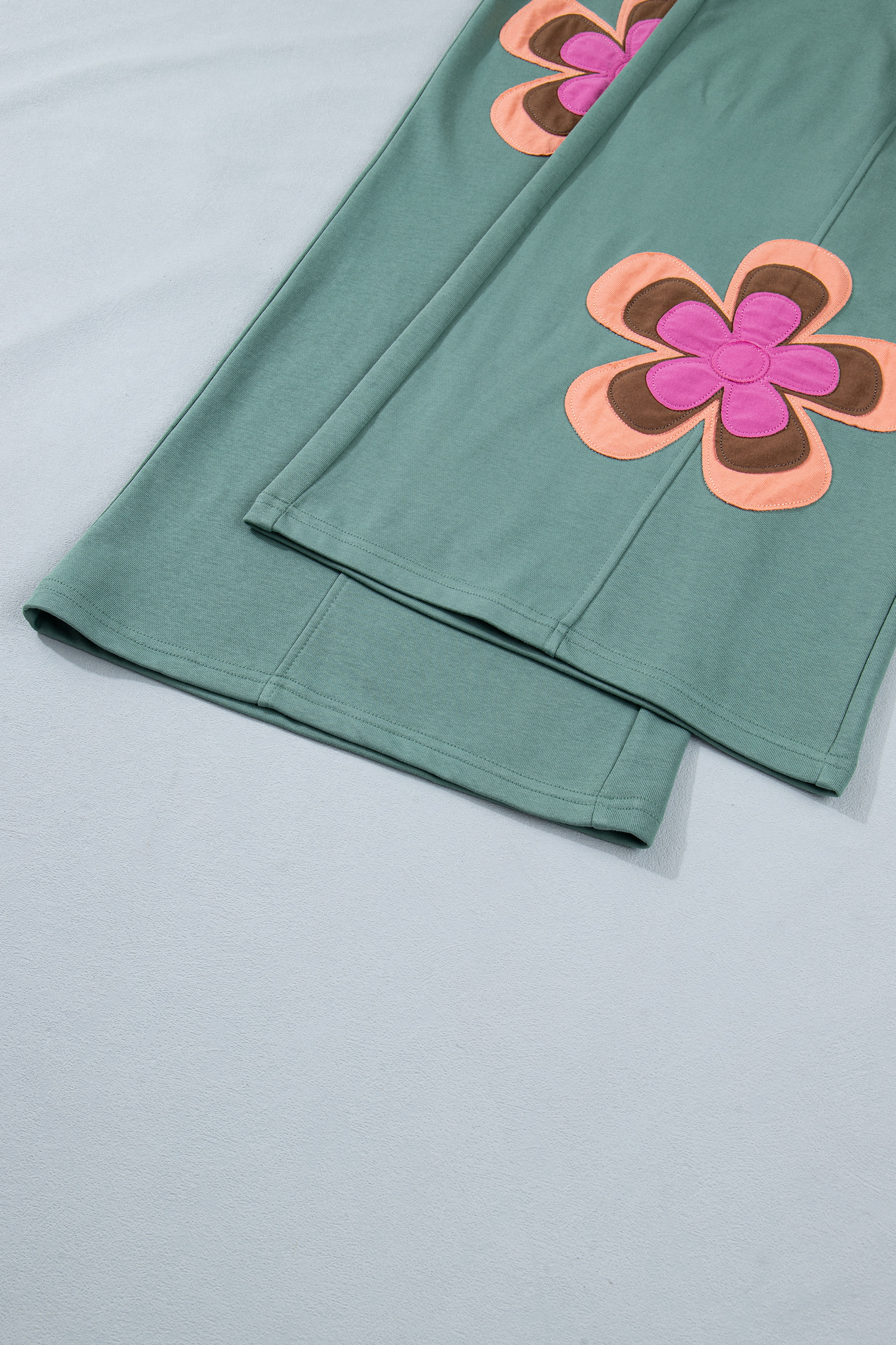 Sea Green Color Block Flower Patchwork Drawstring Contrasted Elastic Waist Wide Leg Pants view 14