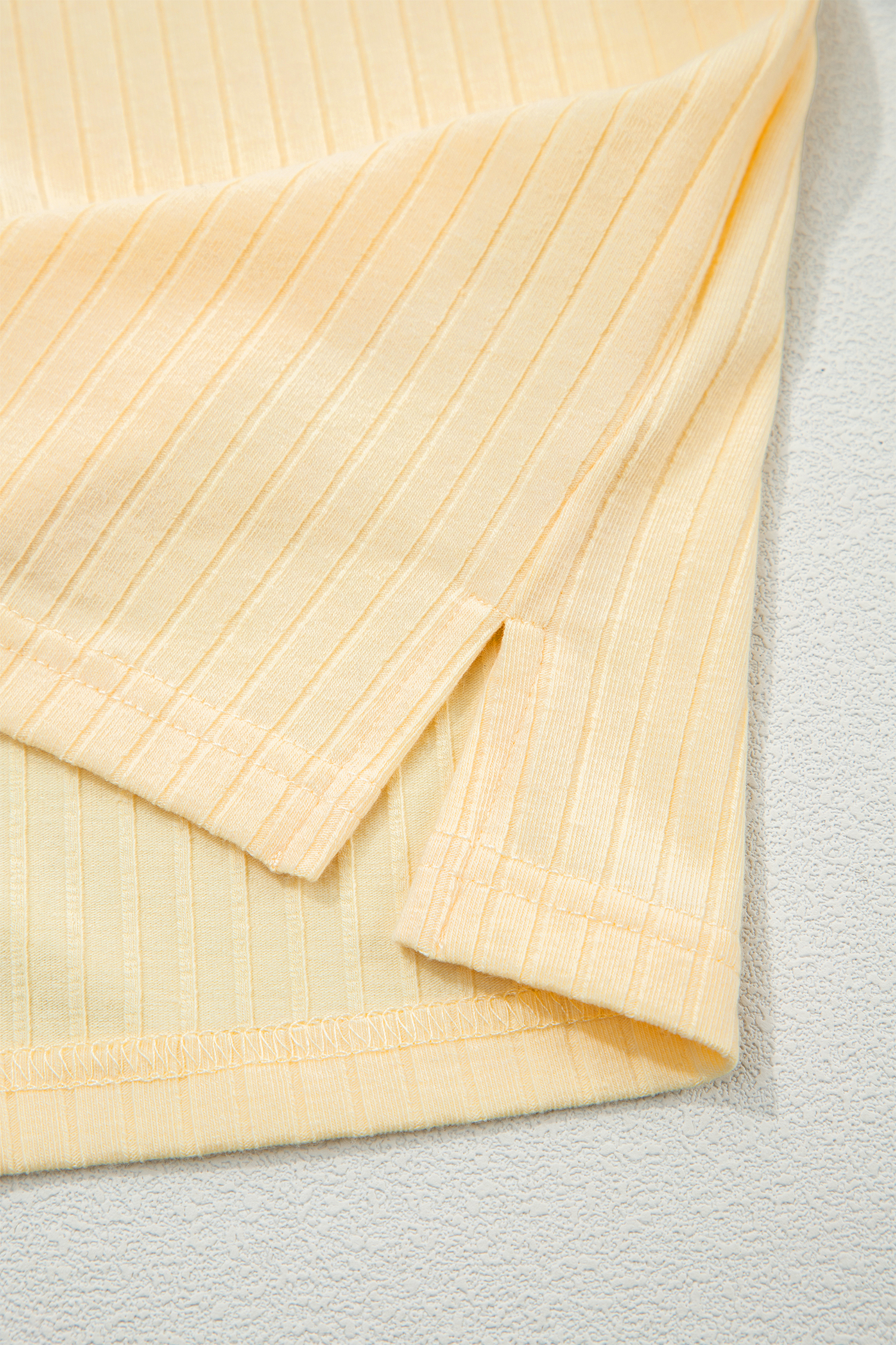 Yellow Cream Soft Ribbed Color Block Trim Casual Short Set view 14