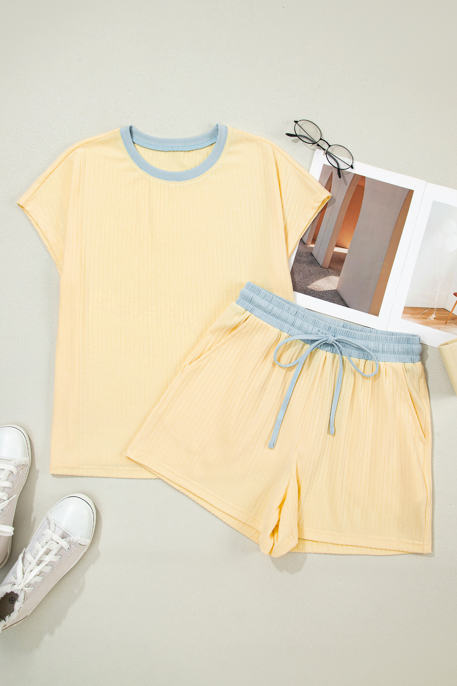 Yellow Cream Soft Ribbed Color Block Trim Casual Short Set view 9