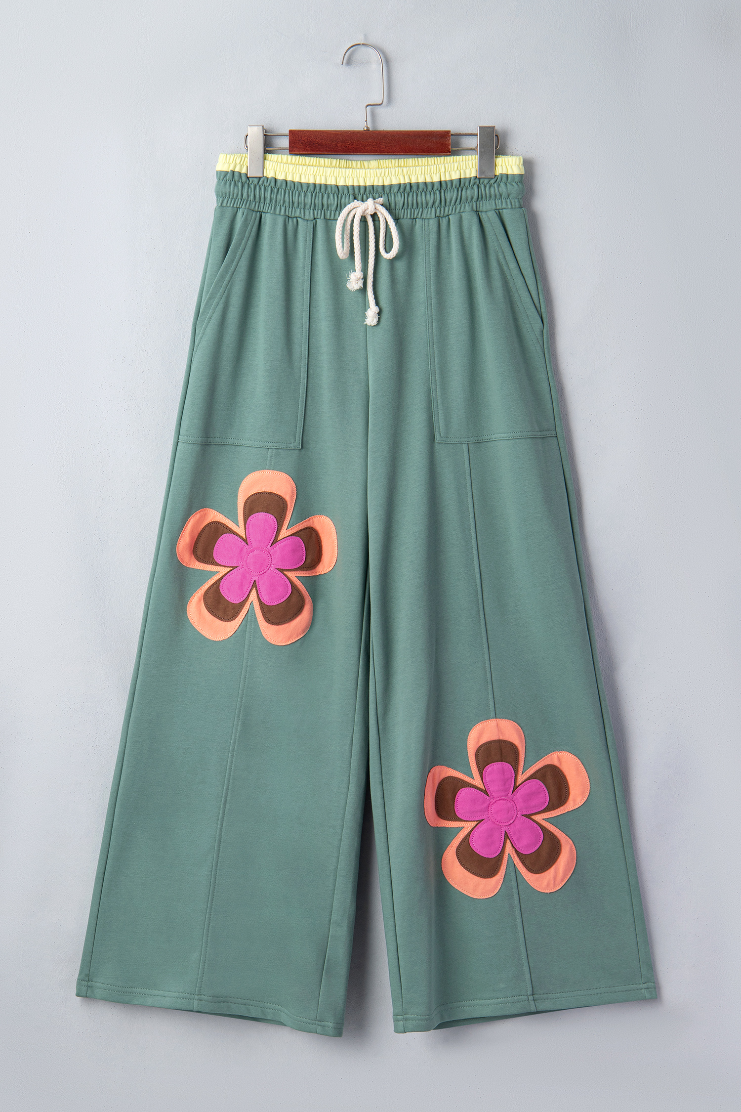 Sea Green Color Block Flower Patchwork Drawstring Contrasted Elastic Waist Wide Leg Pants view 9