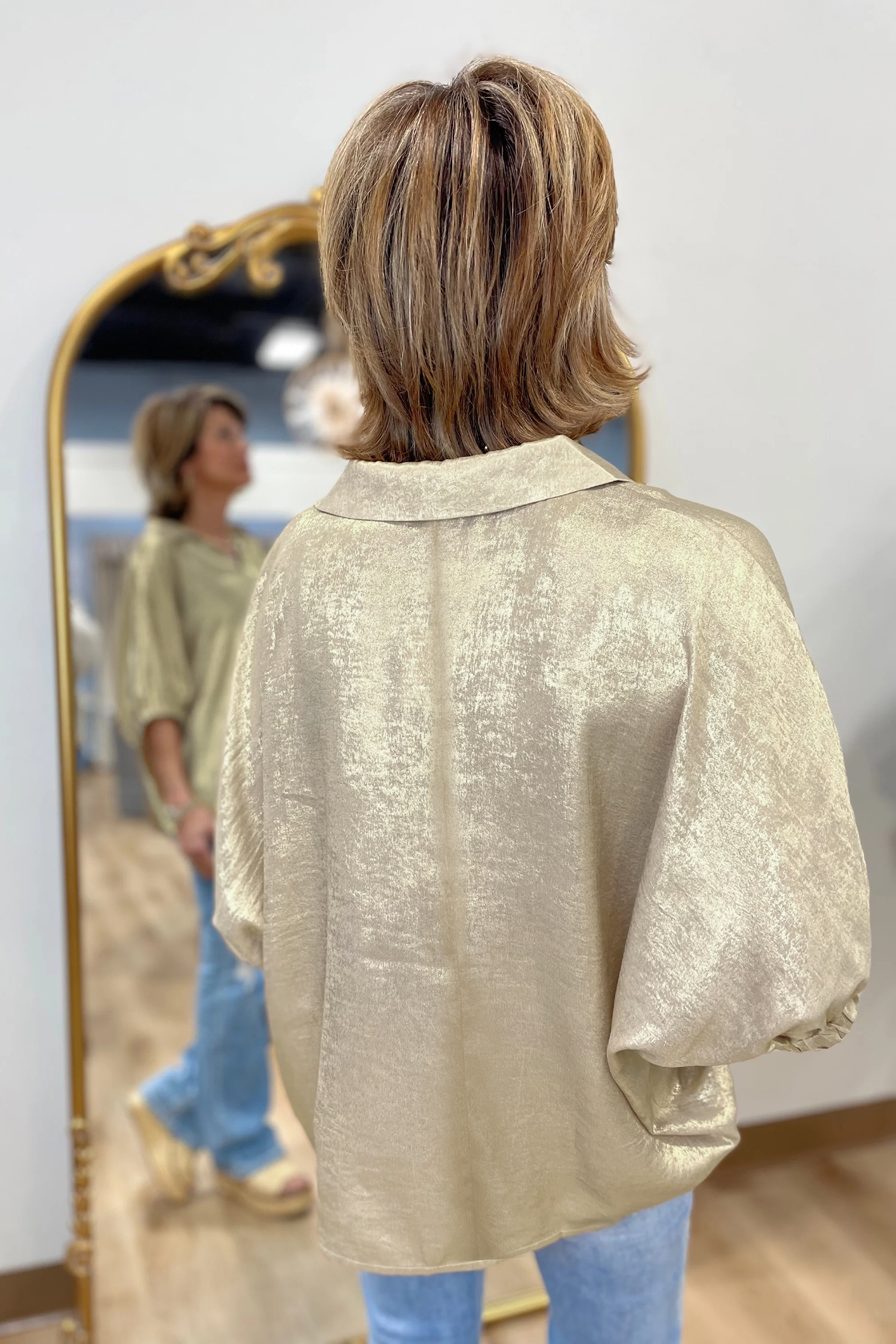 Casual Collared V Neck Half Sleeve Metallic Top view 2