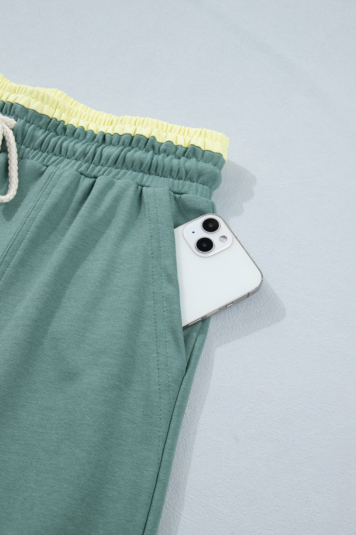 Sea Green Color Block Flower Patchwork Drawstring Contrasted Elastic Waist Wide Leg Pants view 15