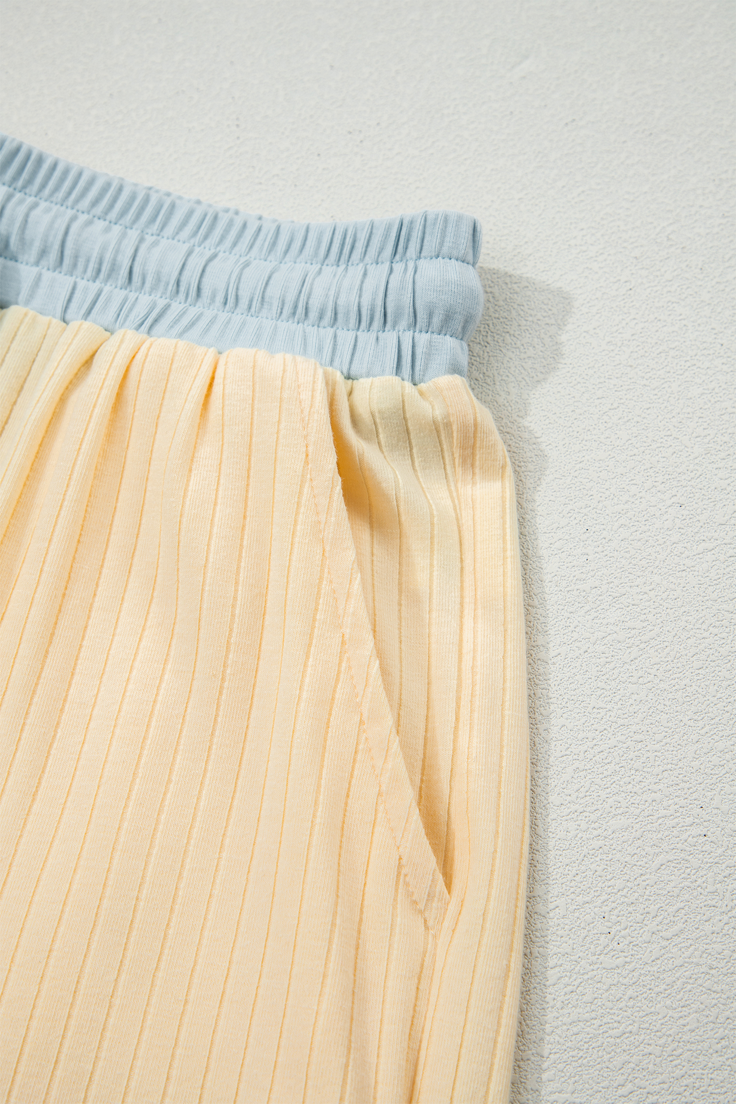 Yellow Cream Soft Ribbed Color Block Trim Casual Short Set view 17