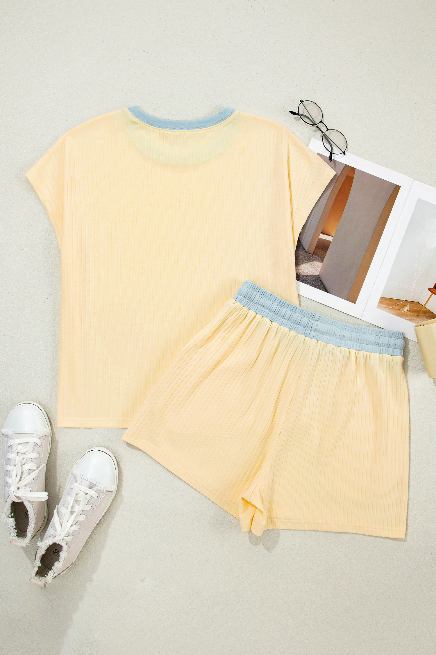 Yellow Cream Soft Ribbed Color Block Trim Casual Short Set view 10