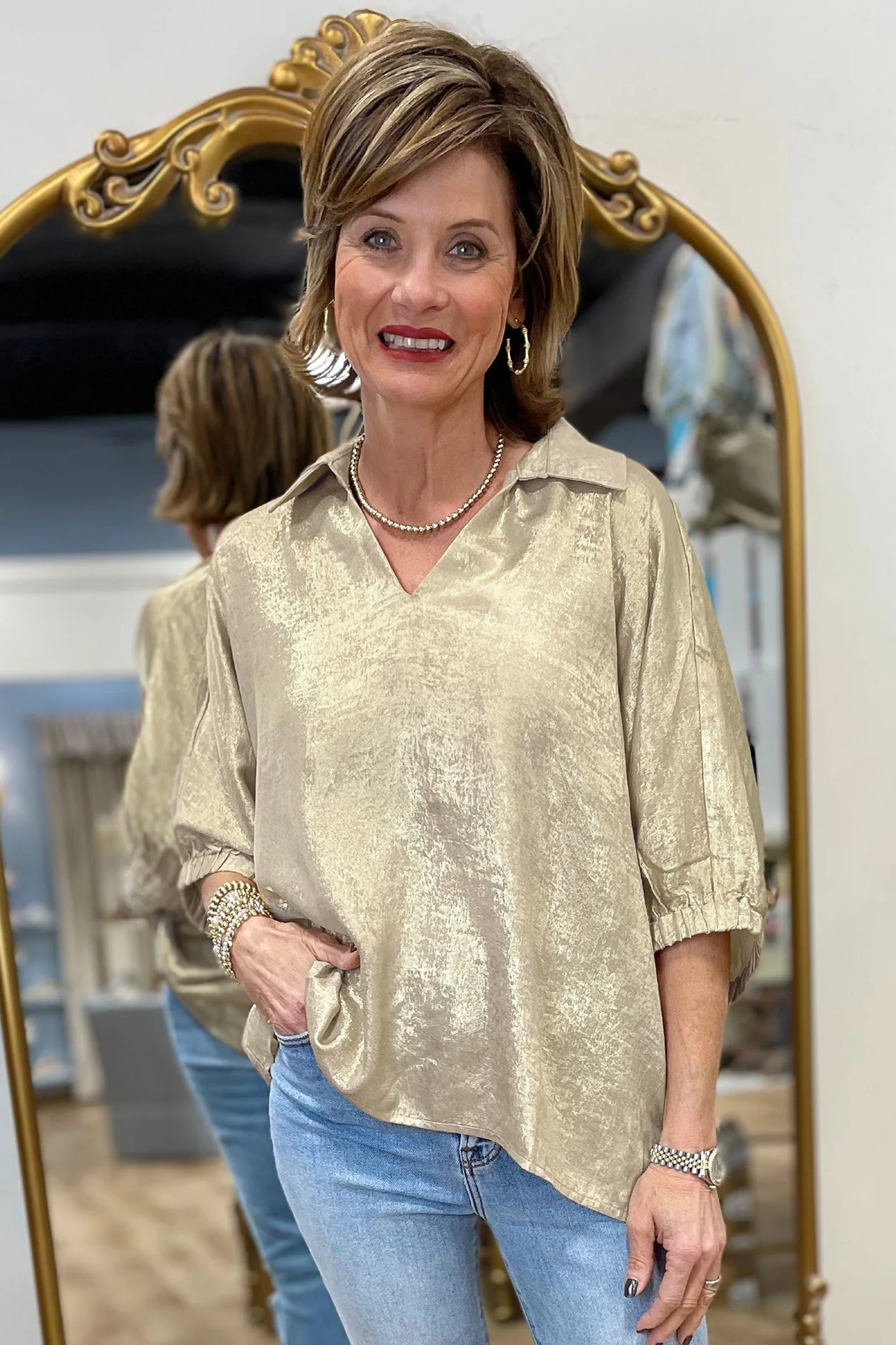 Casual Collared V Neck Half Sleeve Metallic Top view 3