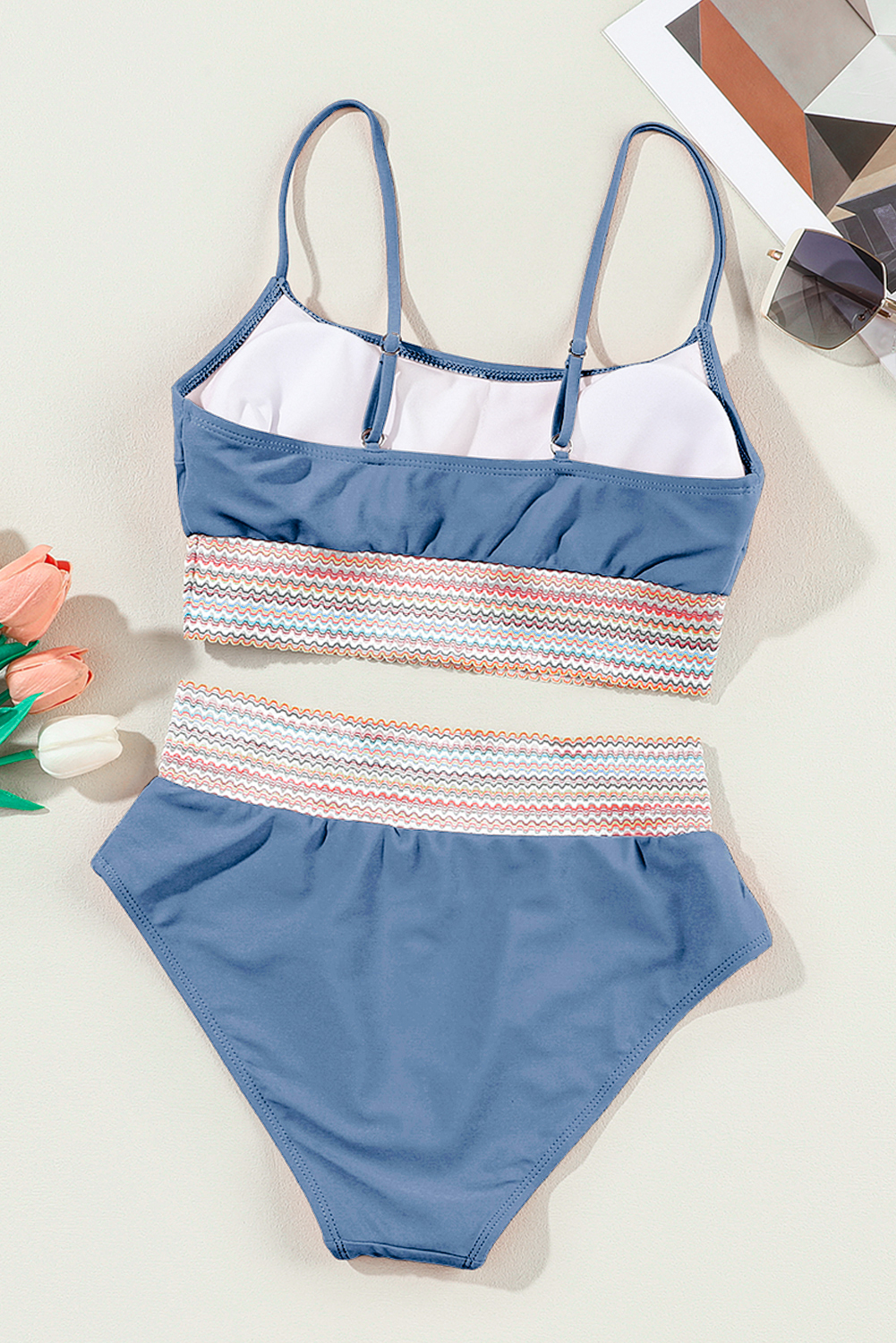 Dusk Blue Colorful Stitch Border Detail 2pcs High Waist Bikini Swimsuit view 8