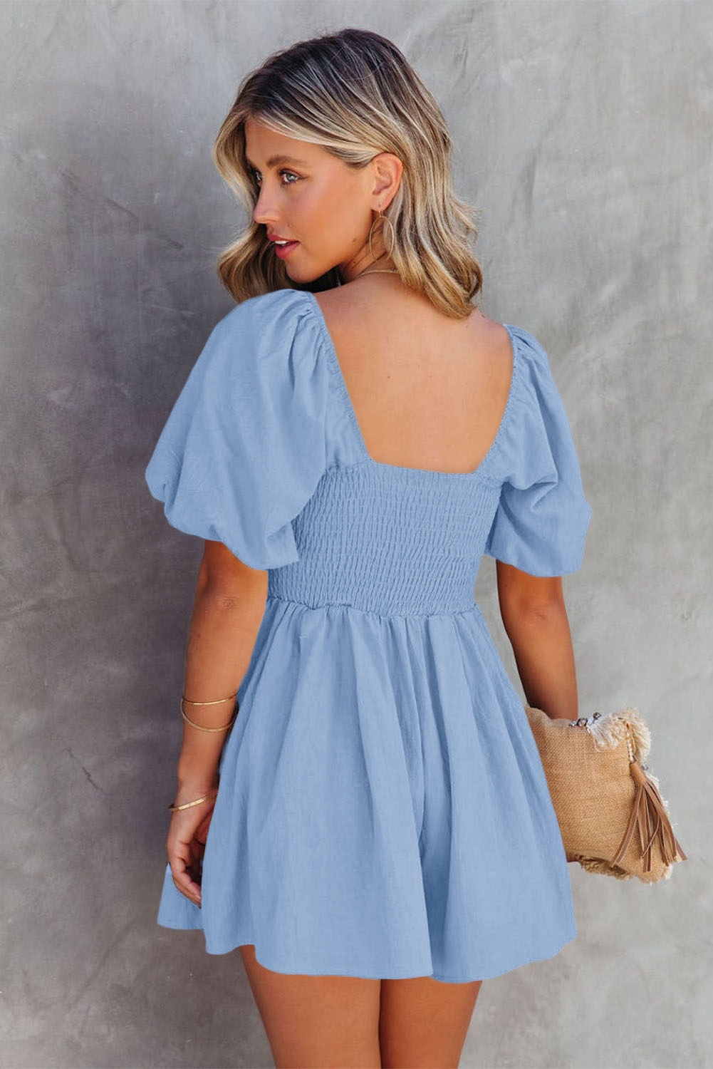 Sky Blue Brown Square Neck Ruched Puff Sleeve Romper view 2