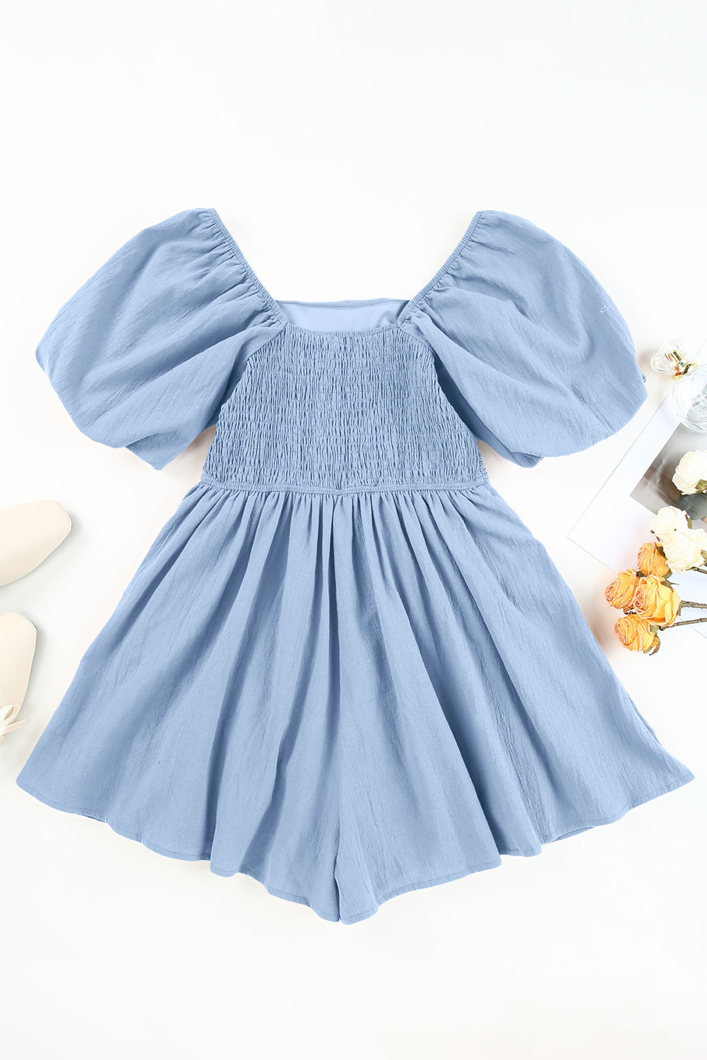 Sky Blue Brown Square Neck Ruched Puff Sleeve Romper view 16