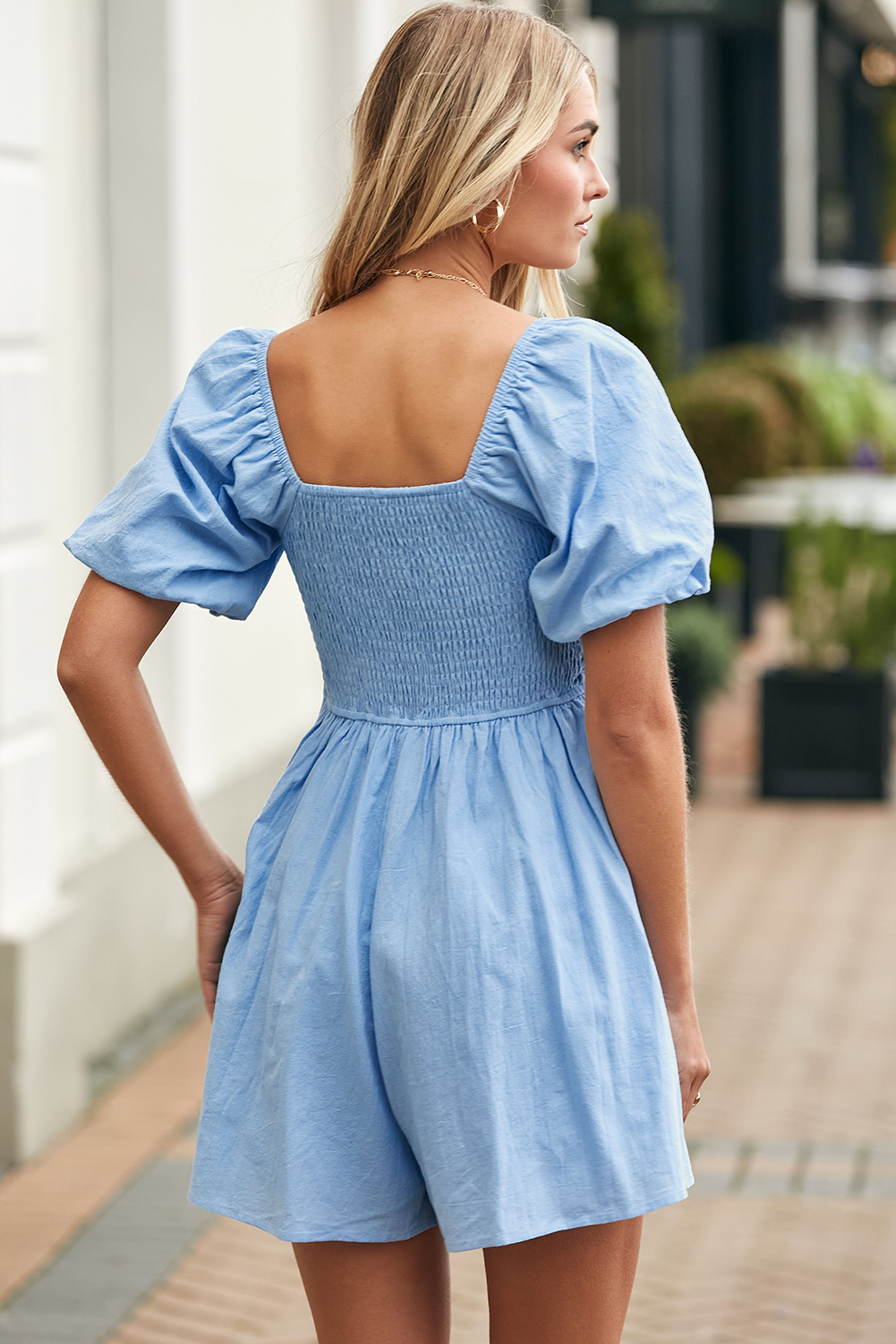 Sky Blue Brown Square Neck Ruched Puff Sleeve Romper view 5