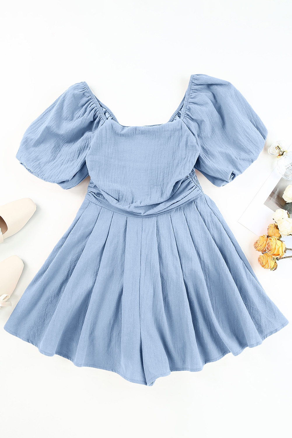 Sky Blue Brown Square Neck Ruched Puff Sleeve Romper view 15