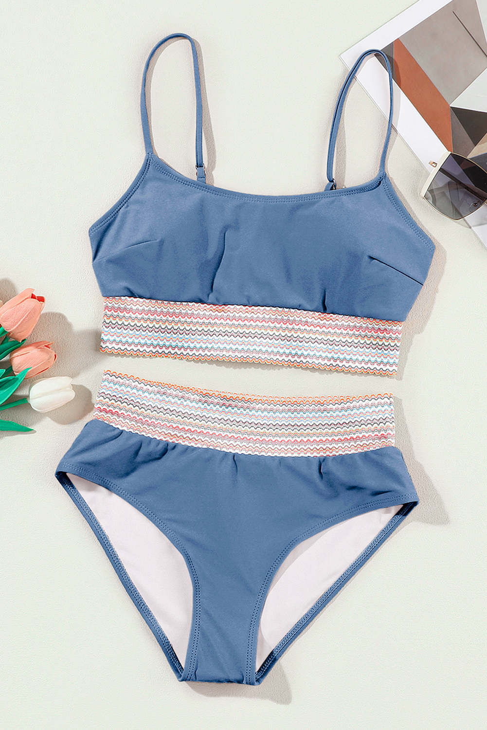 Dusk Blue Colorful Stitch Border Detail 2pcs High Waist Bikini Swimsuit view 7