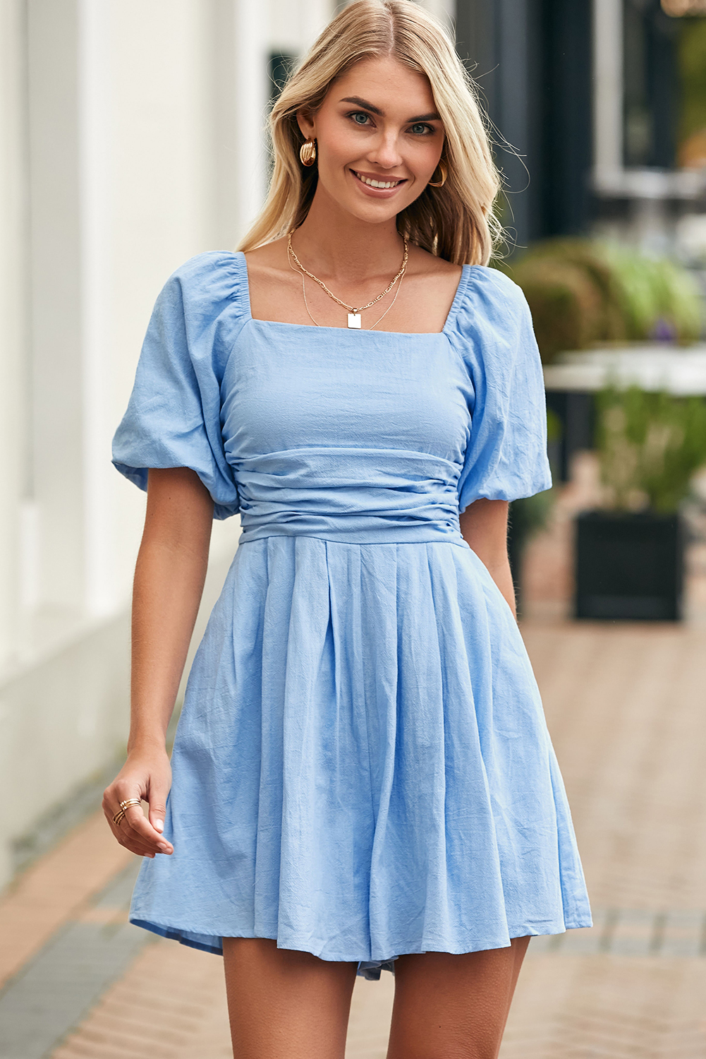 Sky Blue Brown Square Neck Ruched Puff Sleeve Romper view 7