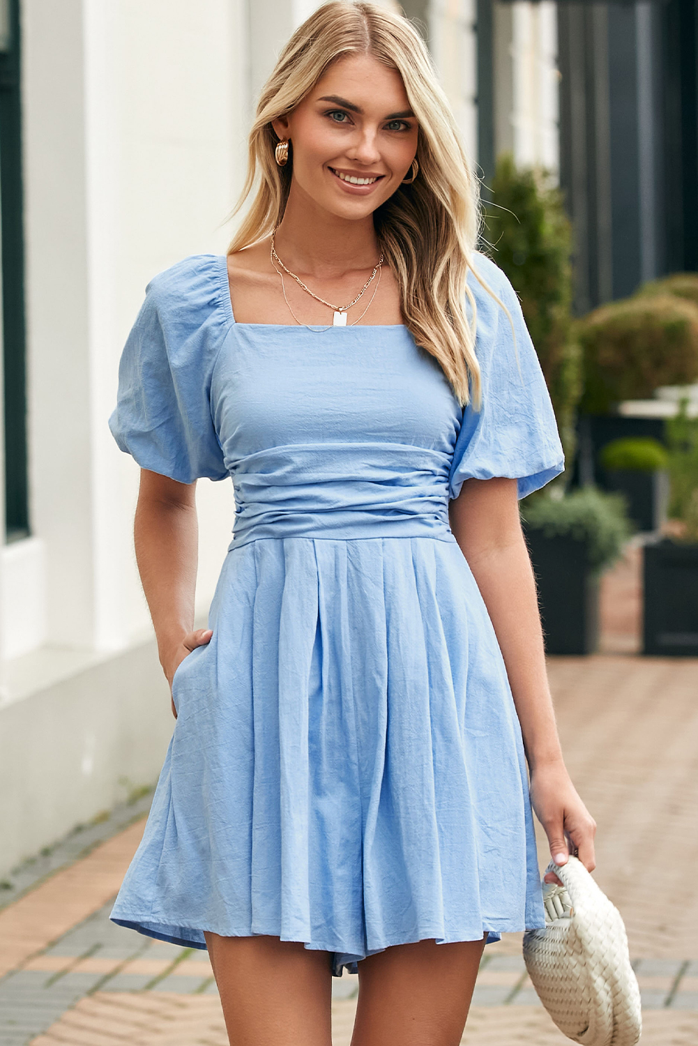 Sky Blue Brown Square Neck Ruched Puff Sleeve Romper view 13