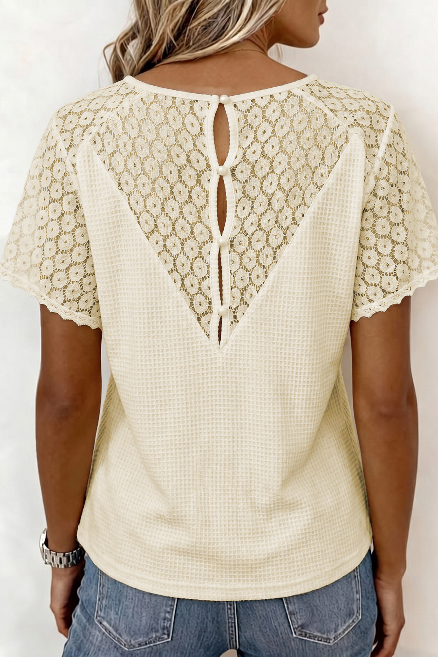 Beige Lace Splicing Button Cutout V Neck Waffle Knit Blouse view 4