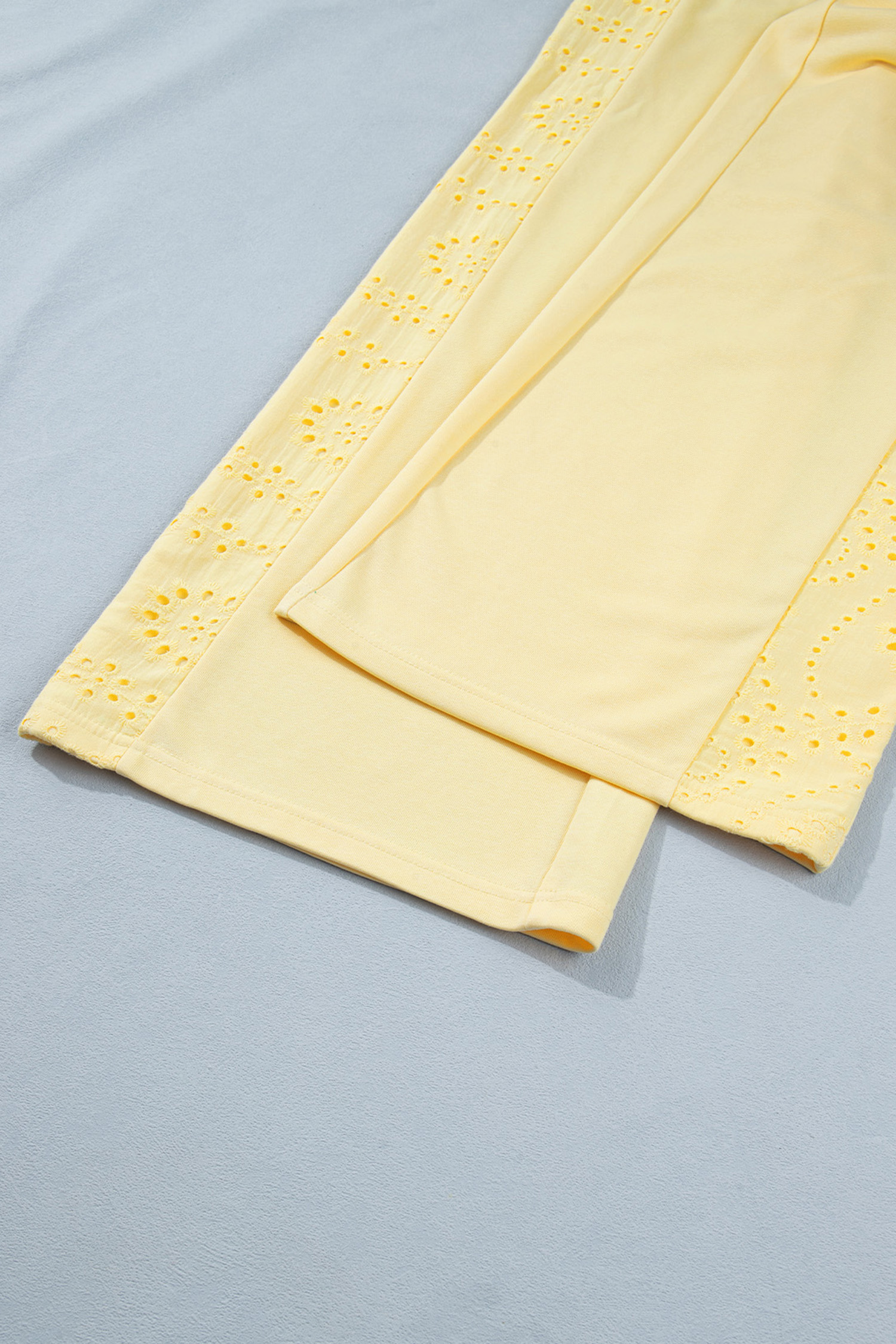 Yellow Cream Lace Patchwork Half Sleeve Top Elastic Waist Pants Two Piece Set view 22
