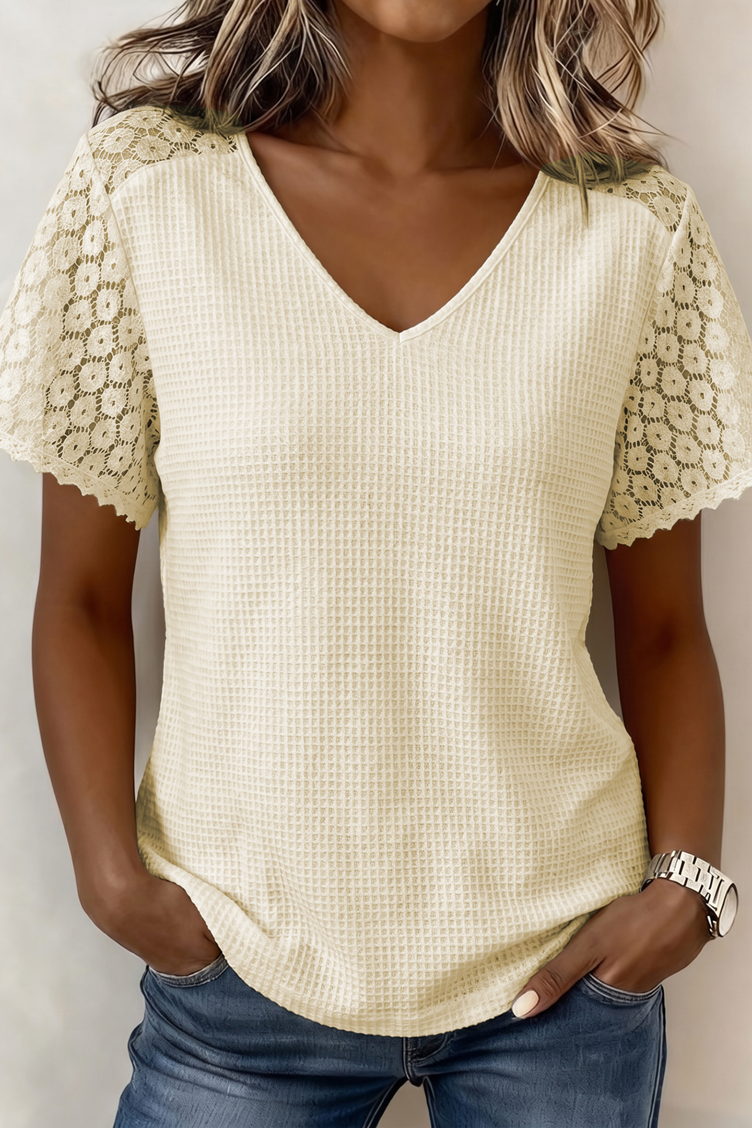 Beige Lace Splicing Button Cutout V Neck Waffle Knit Blouse view 3
