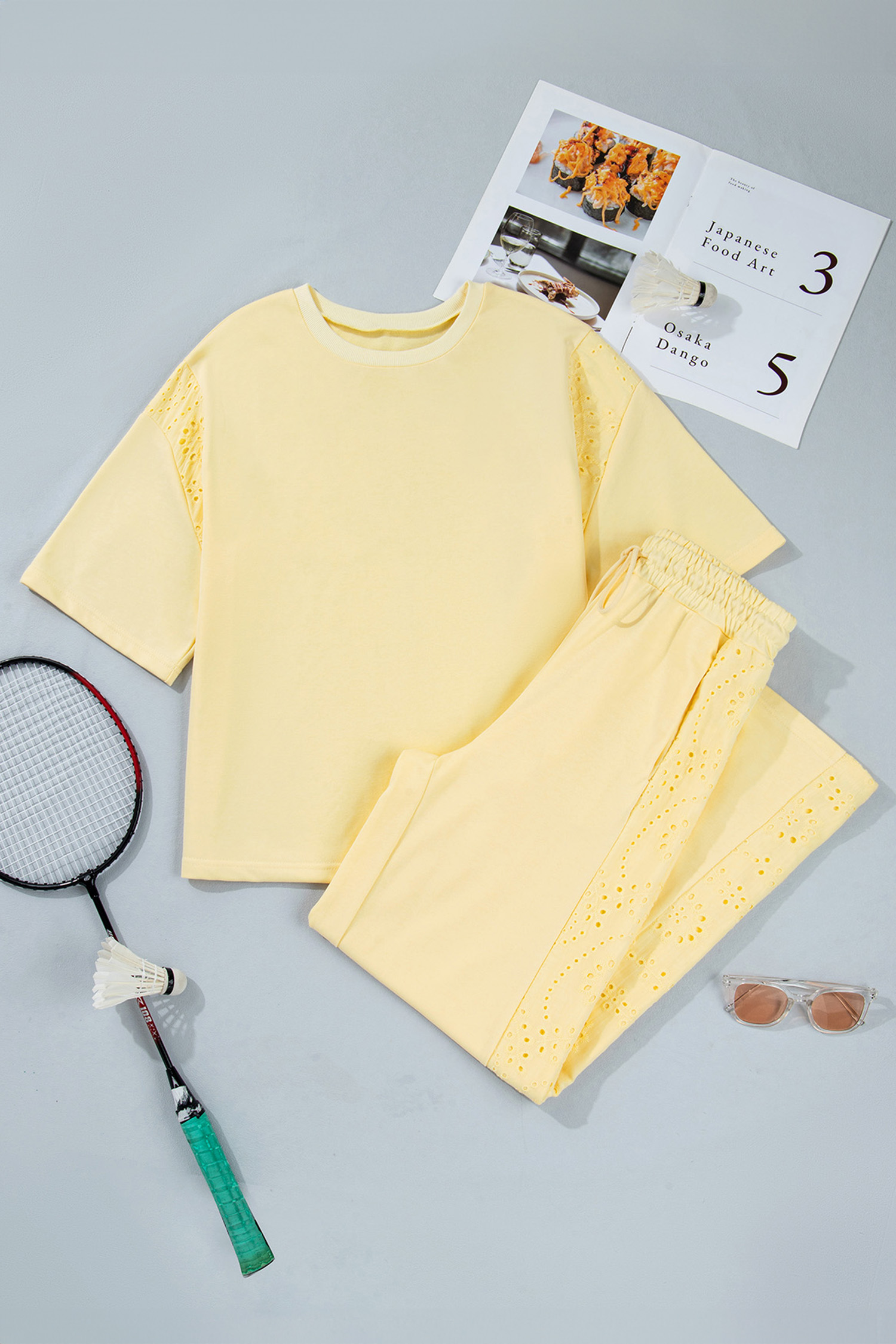 Yellow Cream Lace Patchwork Half Sleeve Top Elastic Waist Pants Two Piece Set view 12