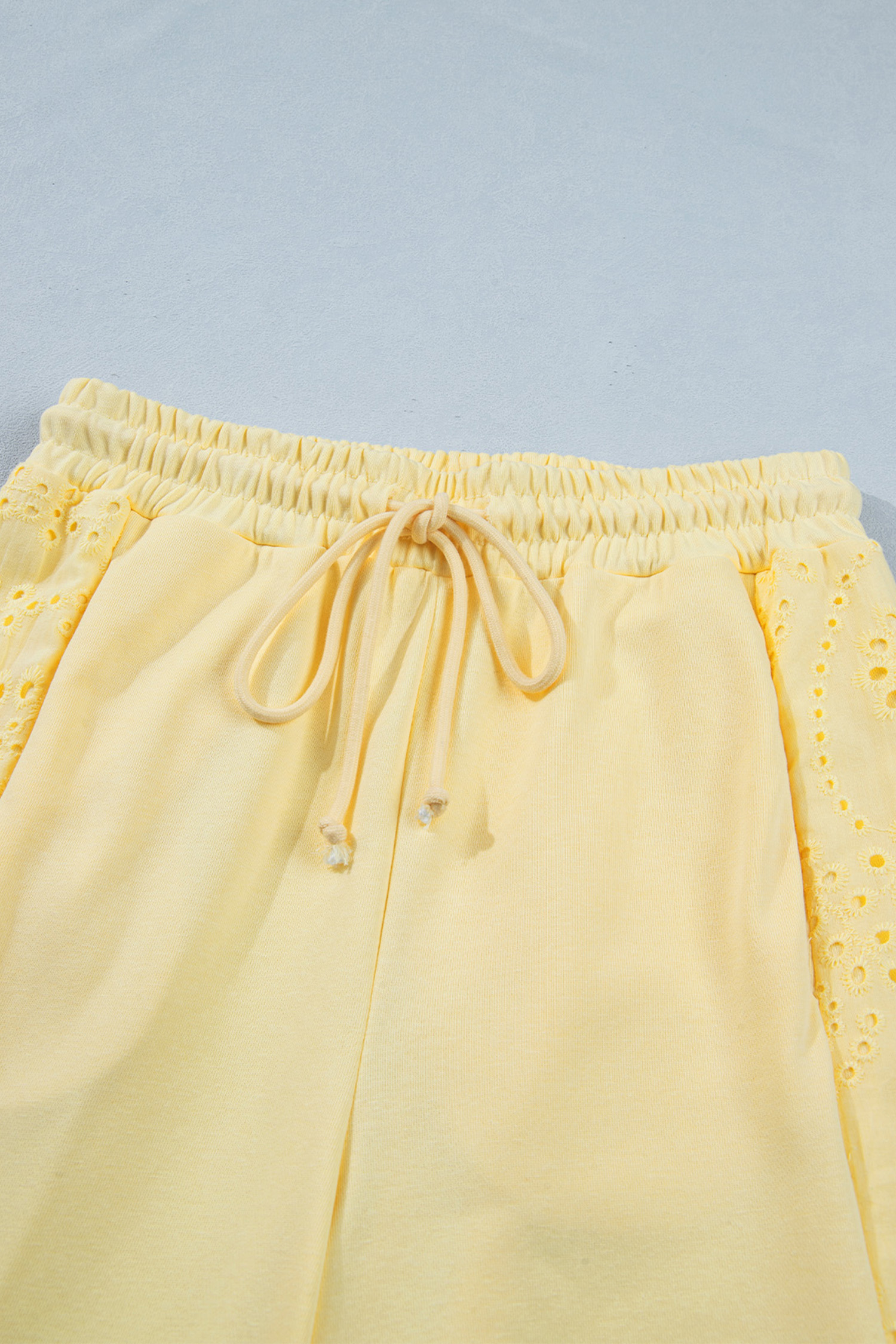 Yellow Cream Lace Patchwork Half Sleeve Top Elastic Waist Pants Two Piece Set view 19