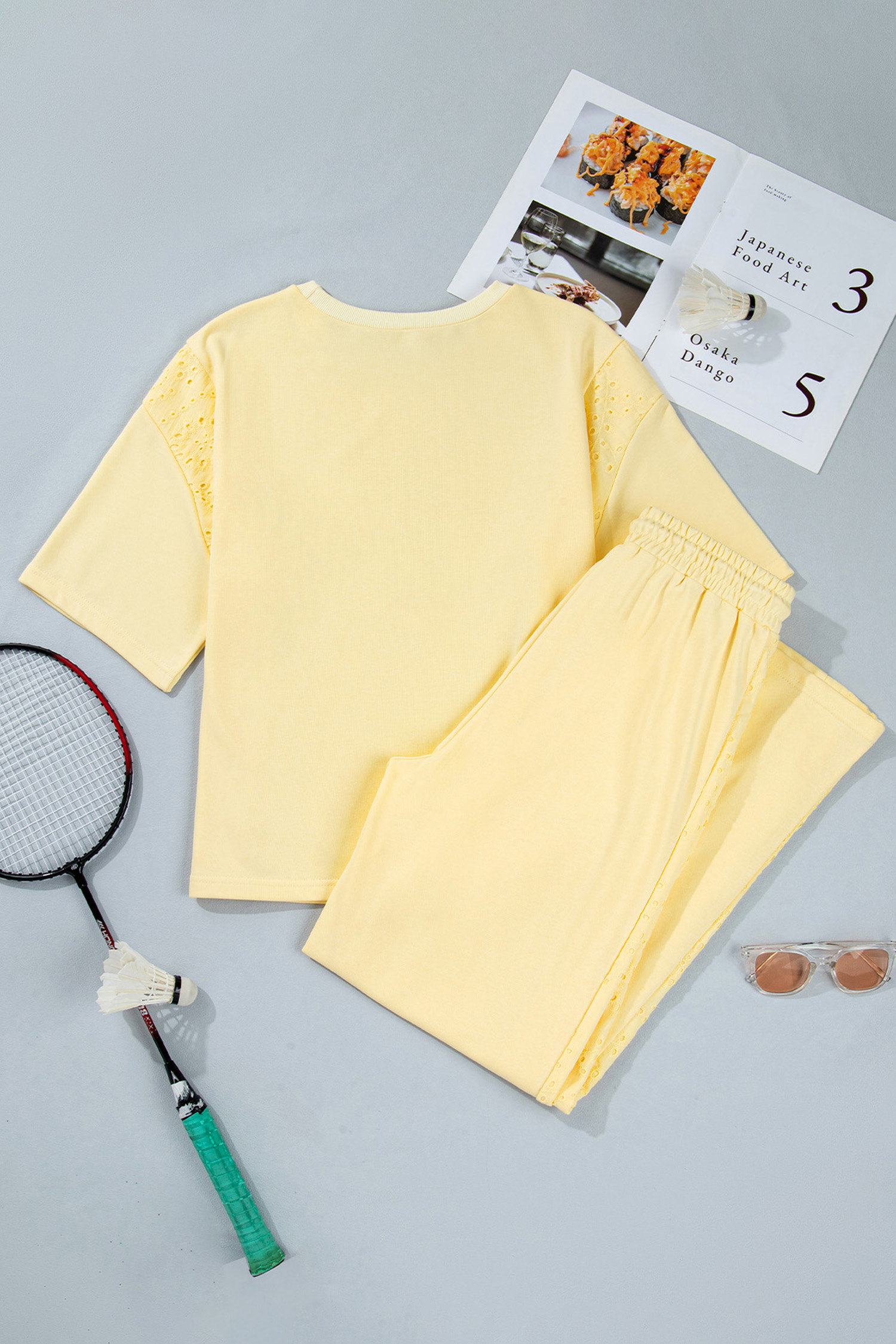 Yellow Cream Lace Patchwork Half Sleeve Top Elastic Waist Pants Two Piece Set view 13
