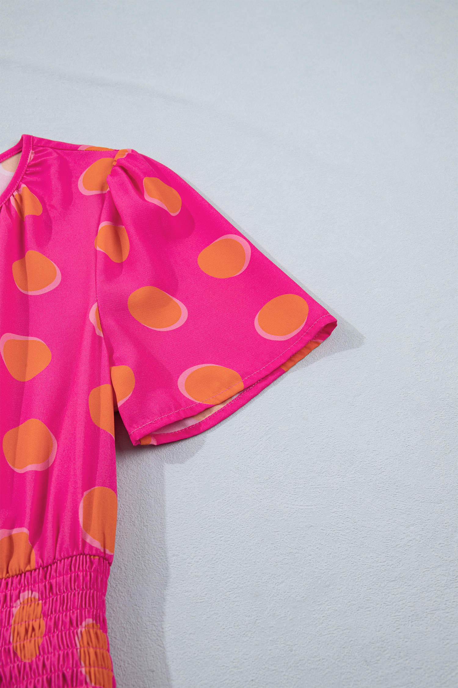 Rose Double Polka Dot Short Sleeve Shirred High Waist Midi Dress view 14