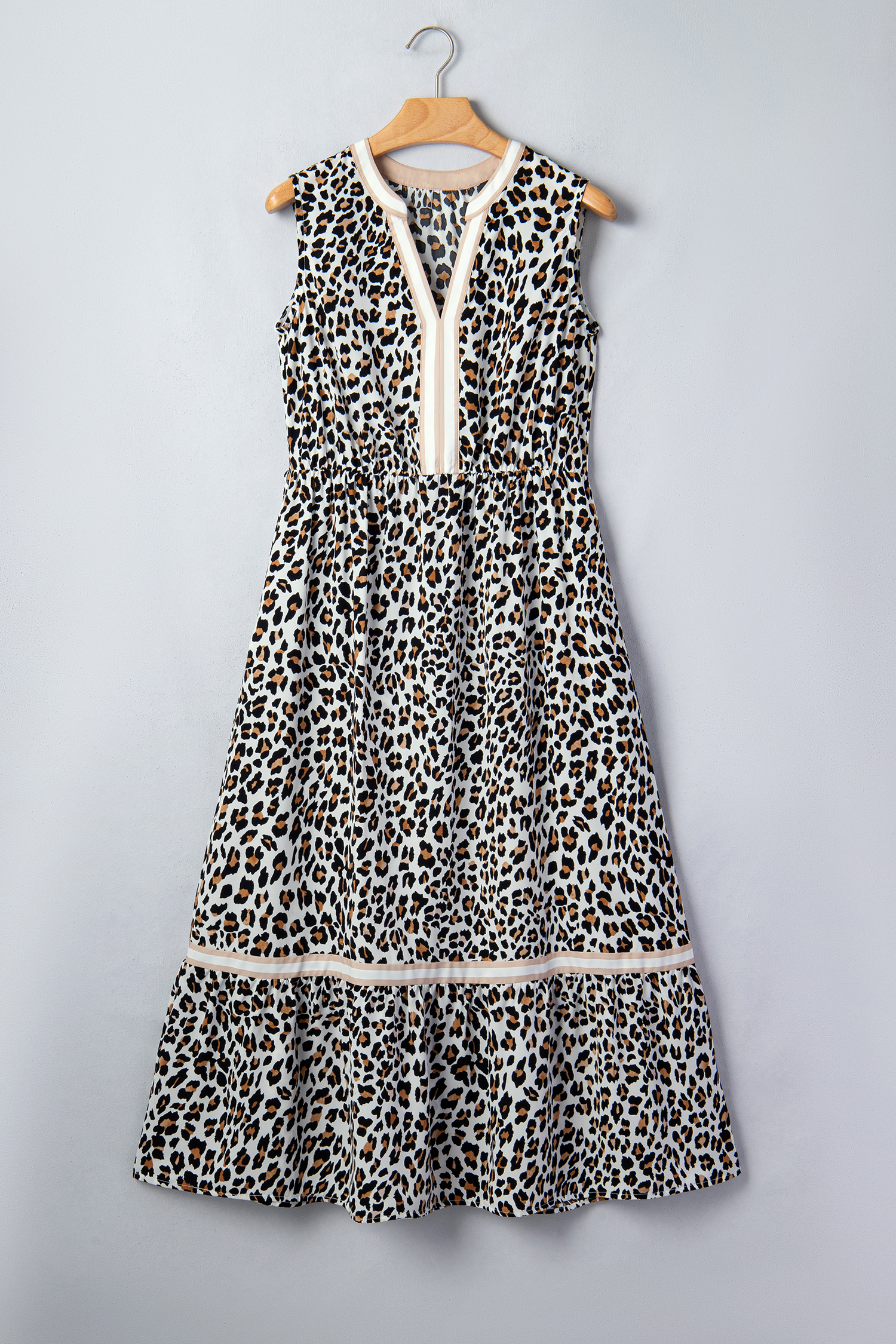 White Leopard Print Colorblock Trim Sleeveless Midi Dress view 14