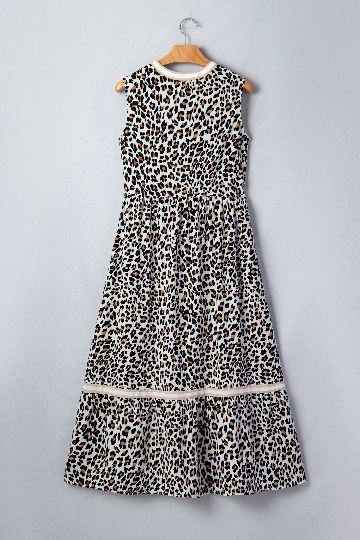 White Leopard Print Colorblock Trim Sleeveless Midi Dress view 15