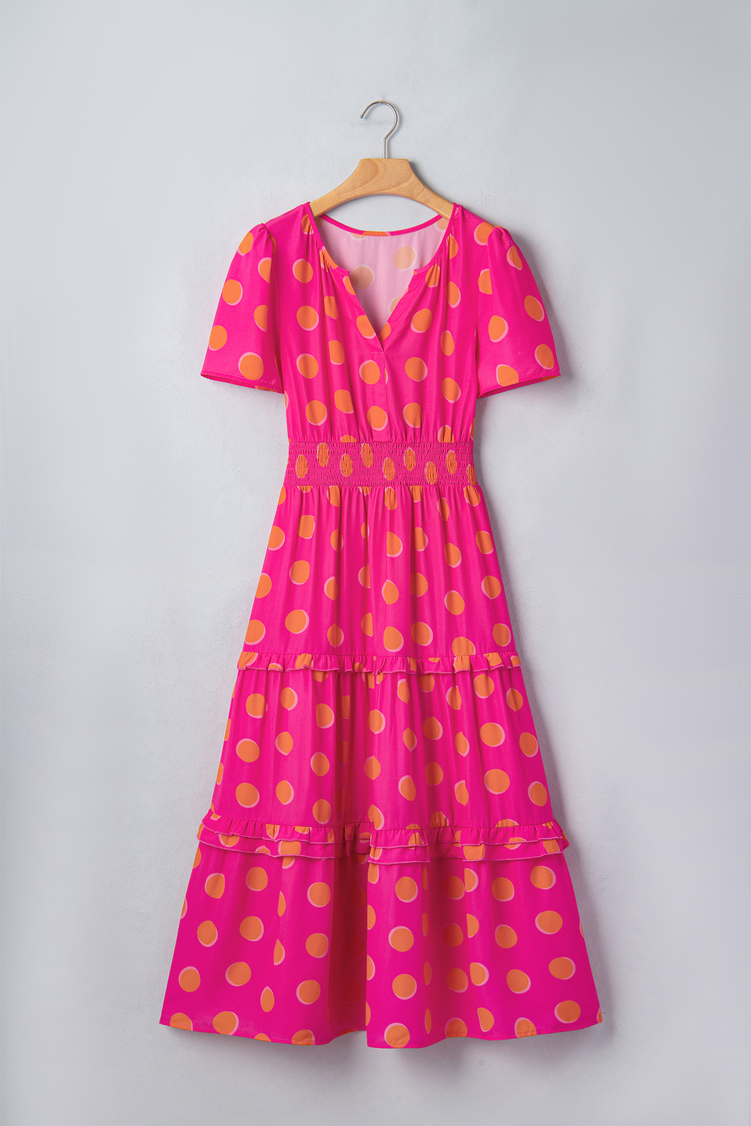 Rose Double Polka Dot Short Sleeve Shirred High Waist Midi Dress view 10