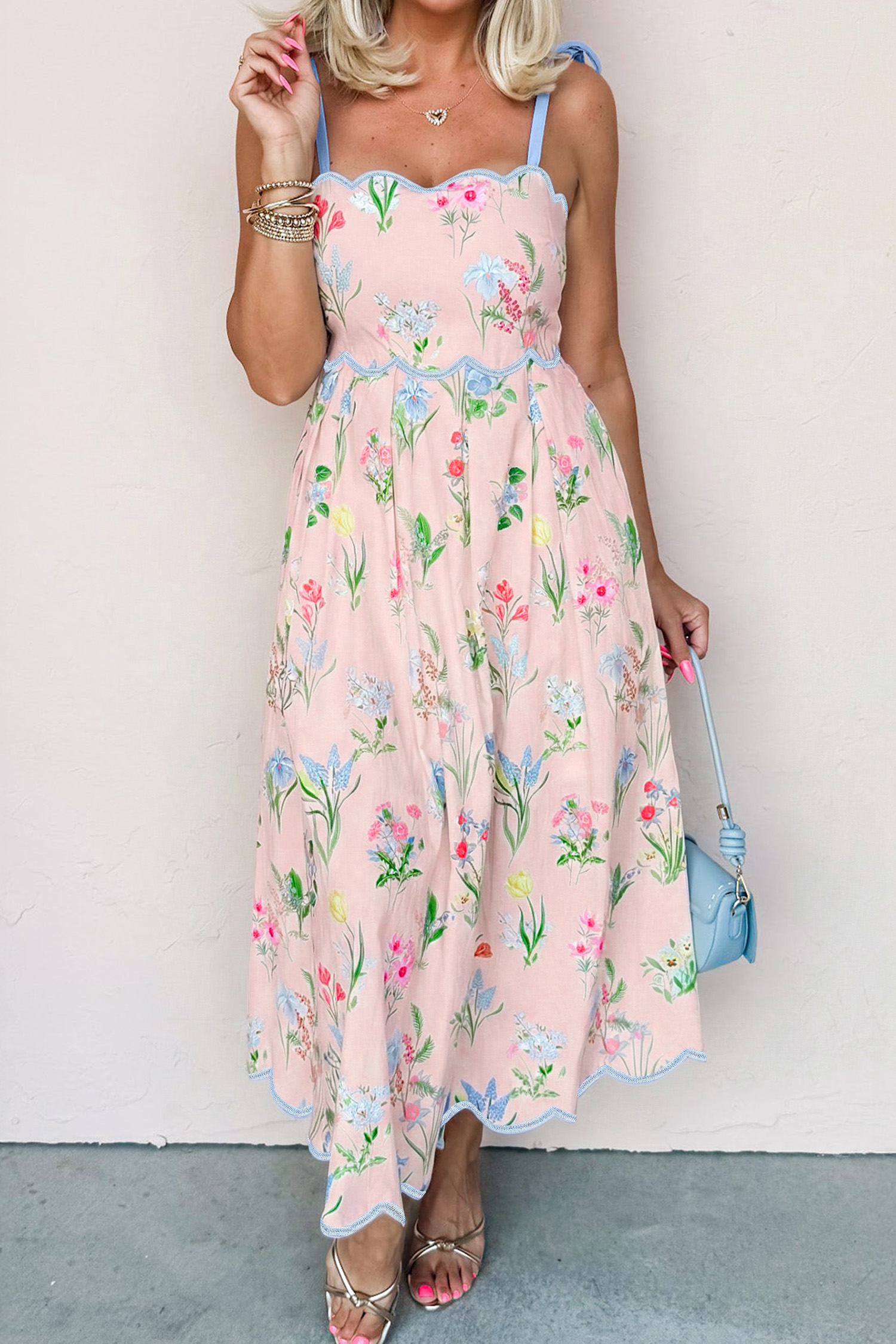 Pink Floral Print Contrast Trim Self-tie Straps High Waist Midi Dress view 5