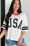 White USA Letter Printed Varsity Striped Sleeve Round Neck Tee