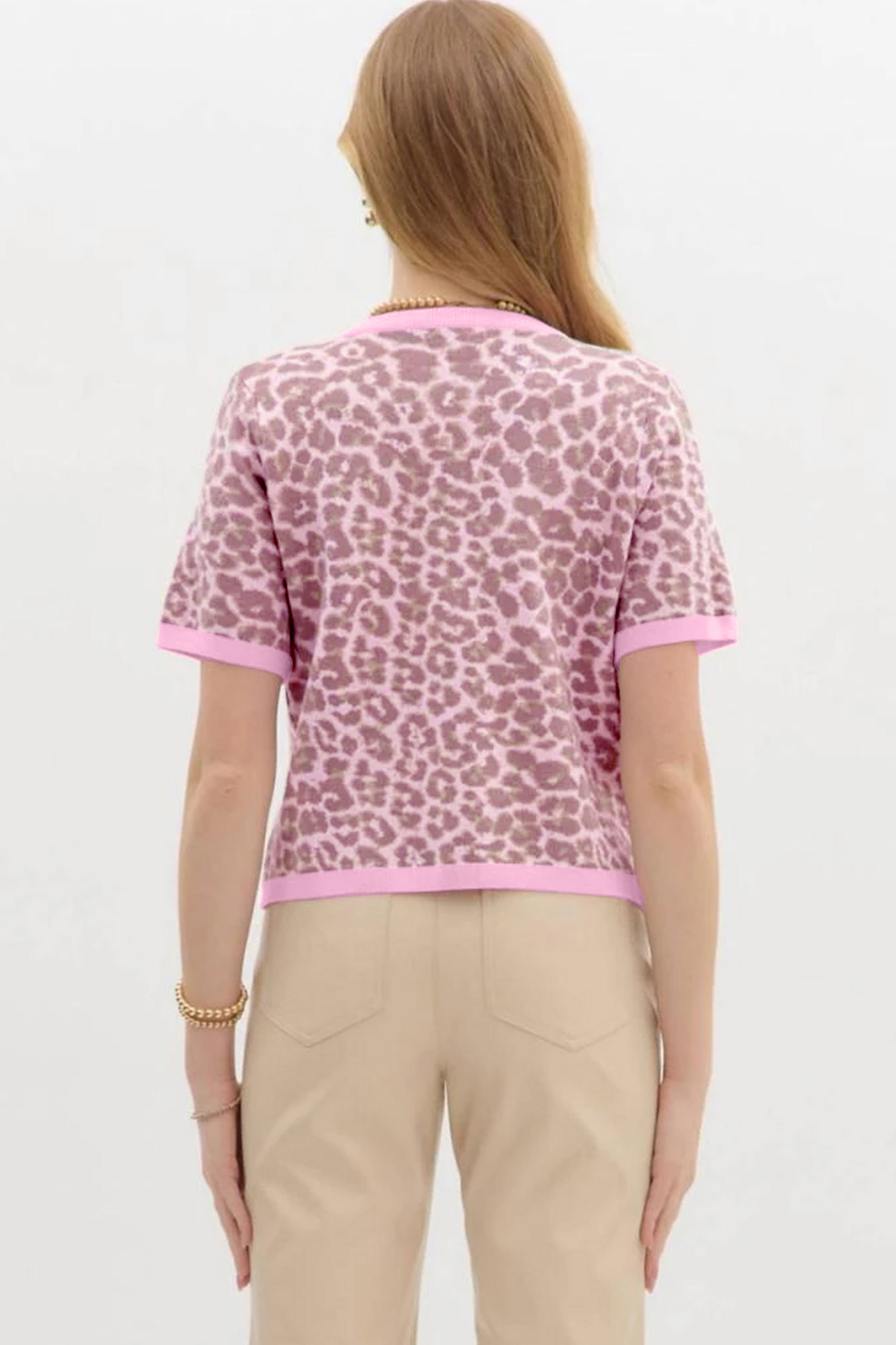 Pink Leopard Button Down Short Sleeve Sweater Cardigan view 9