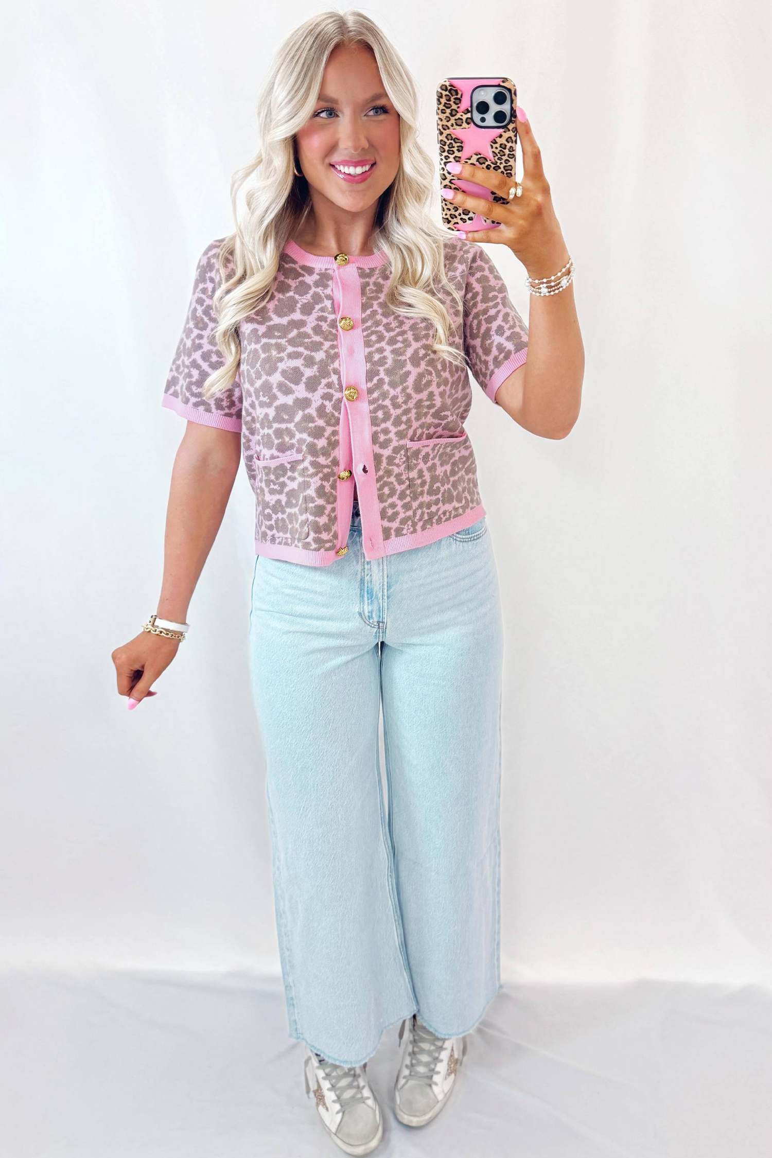 Pink Leopard Button Down Short Sleeve Sweater Cardigan view 10