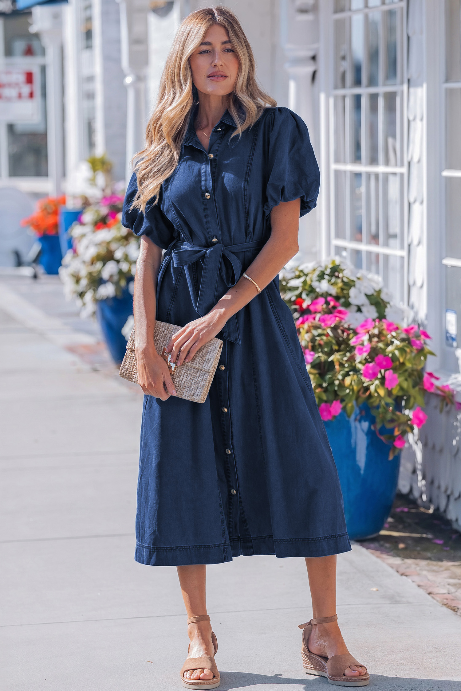 Sail Blue Full Buttons Collared Short Bubble Sleeve Long Denim Dress view 6