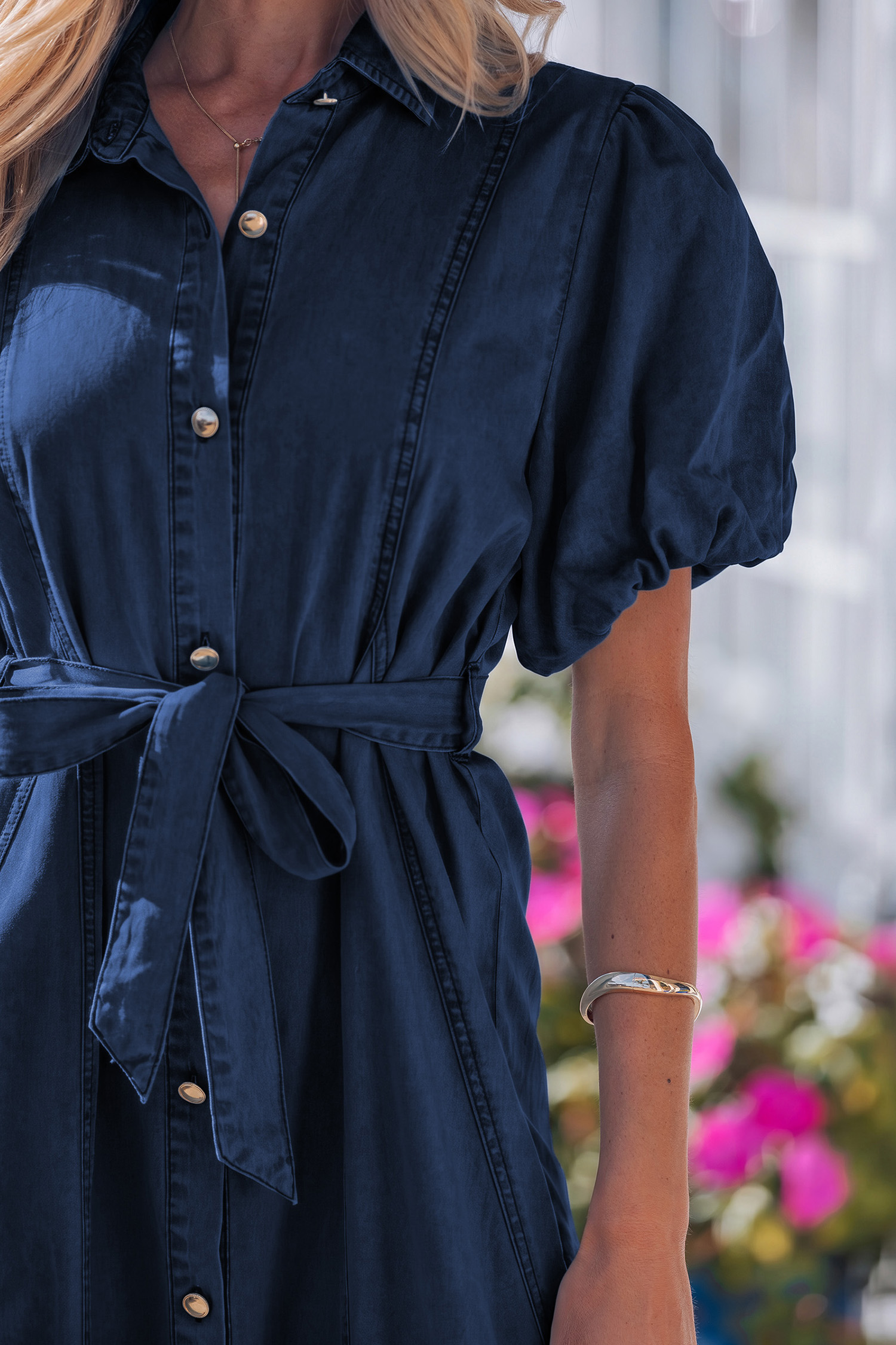 Sail Blue Full Buttons Collared Short Bubble Sleeve Long Denim Dress view 8