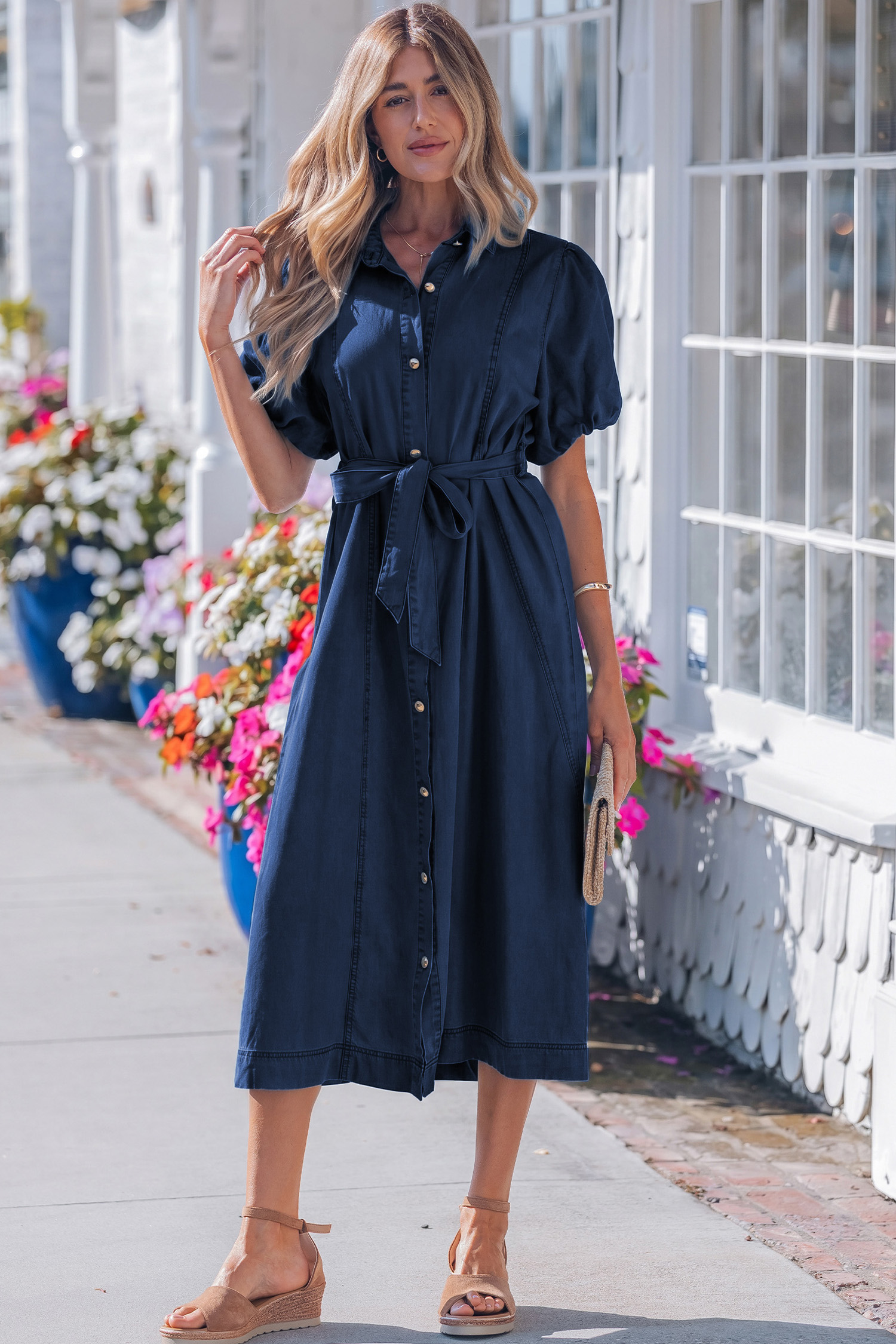 Sail Blue Full Buttons Collared Short Bubble Sleeve Long Denim Dress view 3