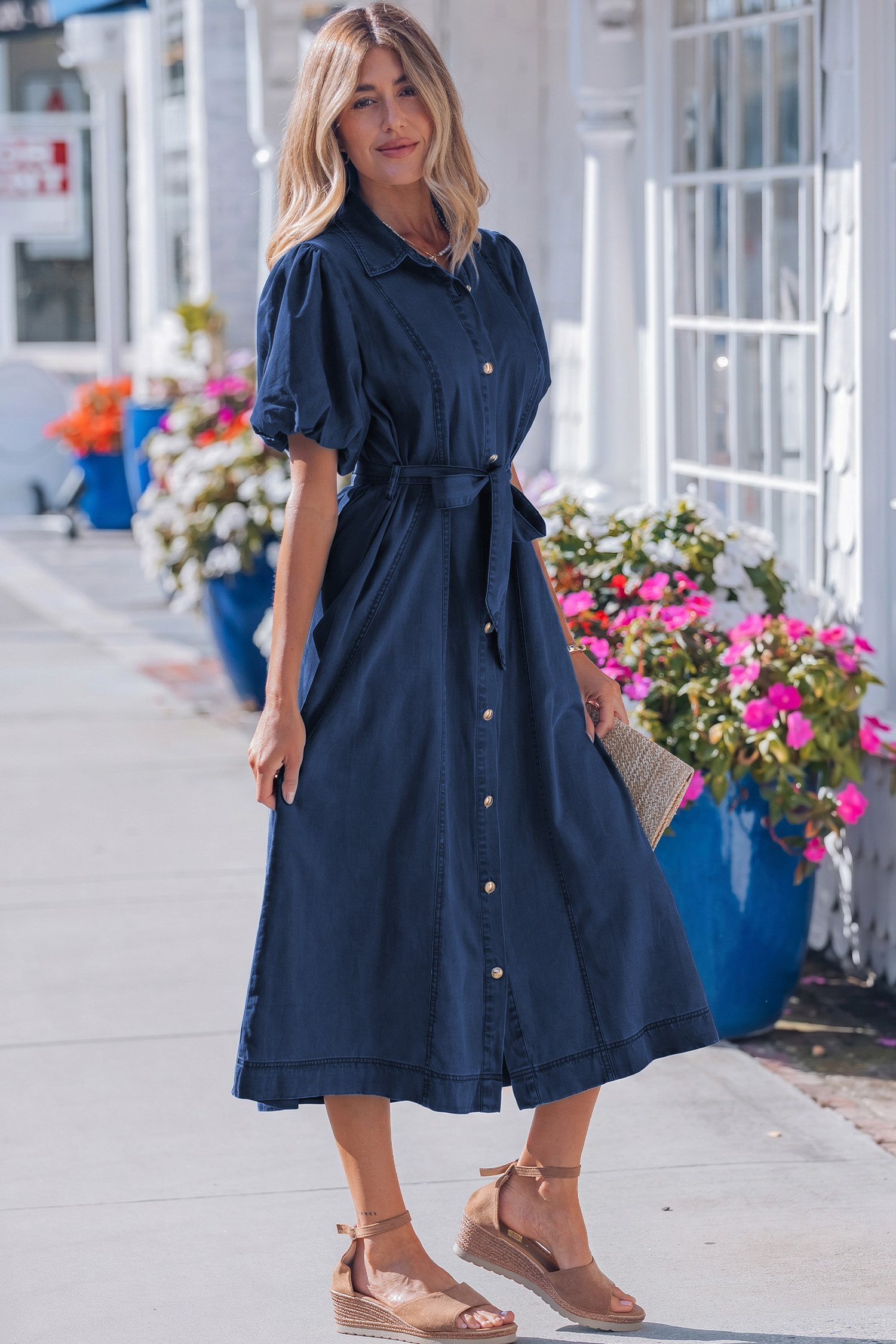 Sail Blue Full Buttons Collared Short Bubble Sleeve Long Denim Dress view 5