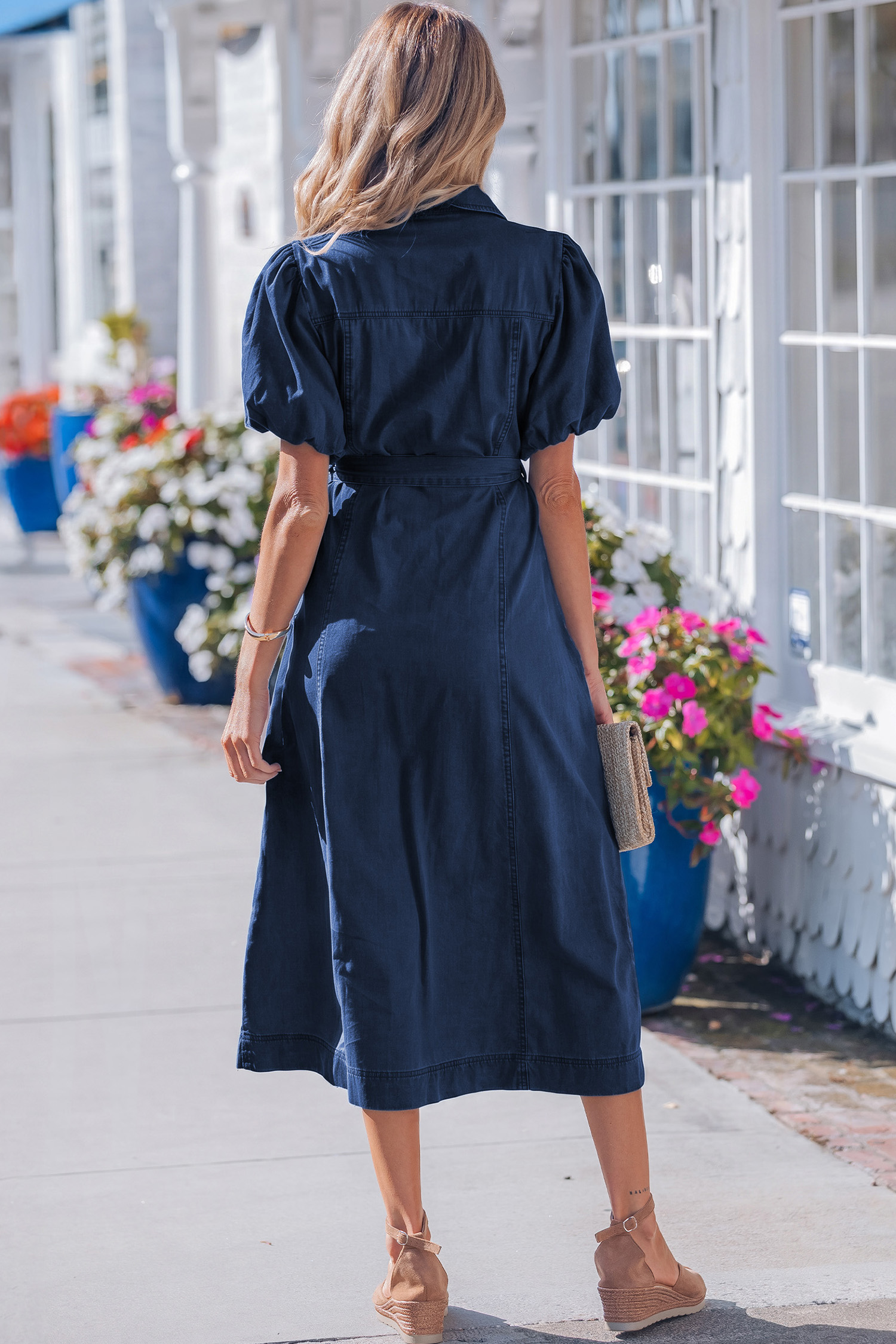 Sail Blue Full Buttons Collared Short Bubble Sleeve Long Denim Dress view 4