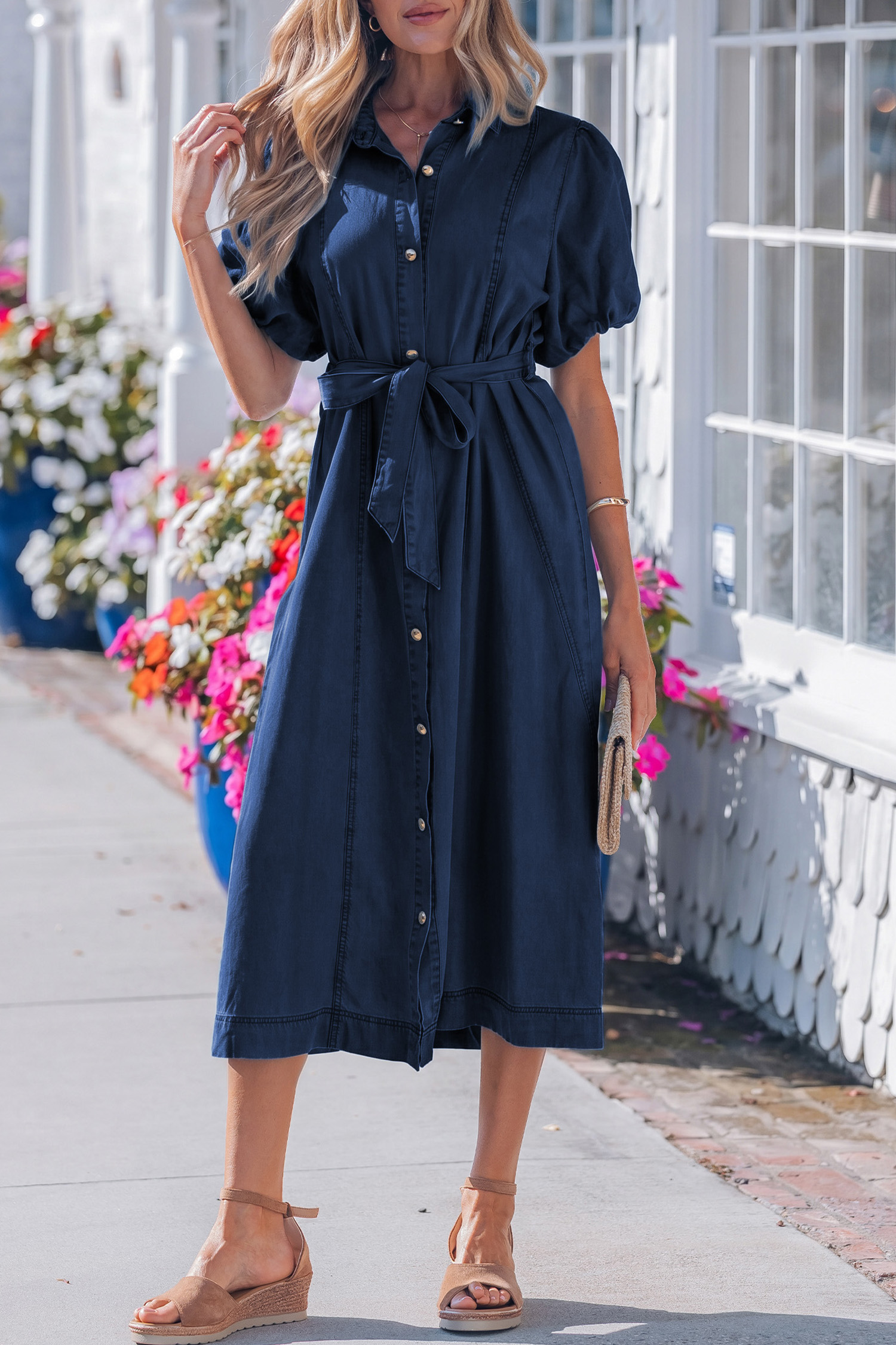 Sail Blue Full Buttons Collared Short Bubble Sleeve Long Denim Dress view 7