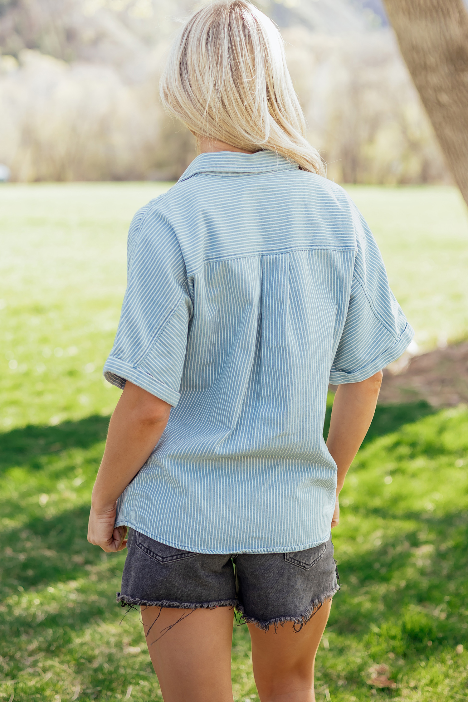 Sky Blue Stripe Cuffed Short Sleeve Button up Loose Shirt view 2