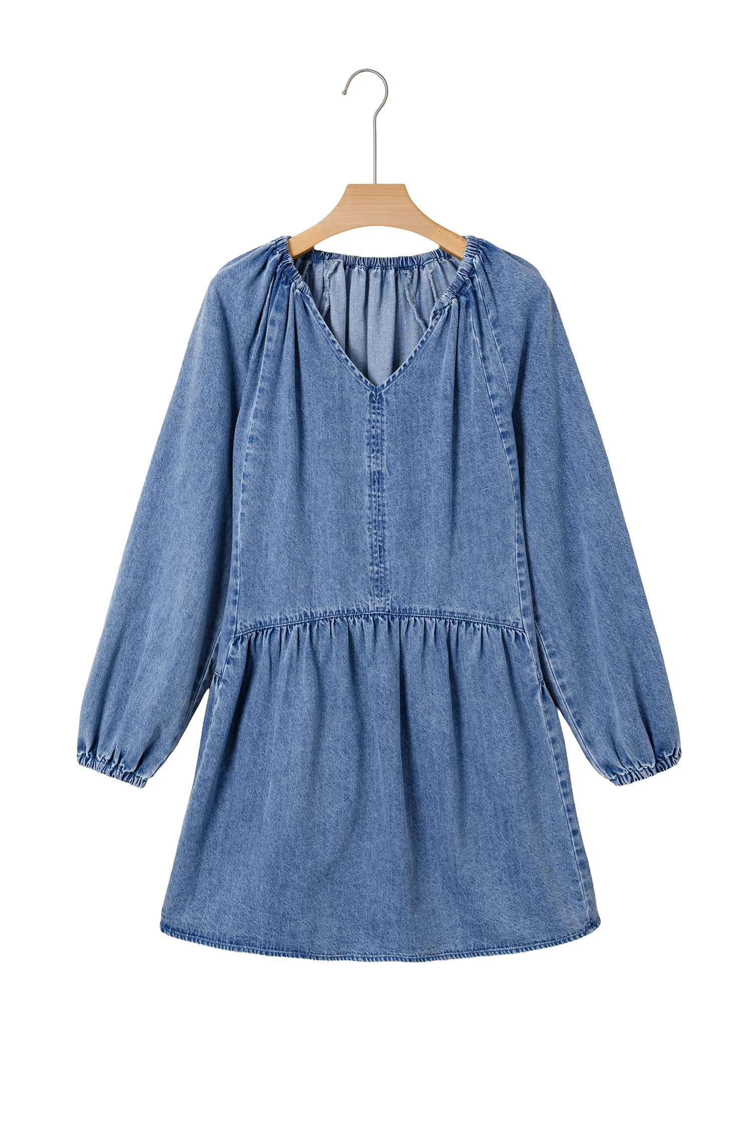 Myosotis Puff Sleeve V Neck Ruffled Loose Denim Mini Dress view 26