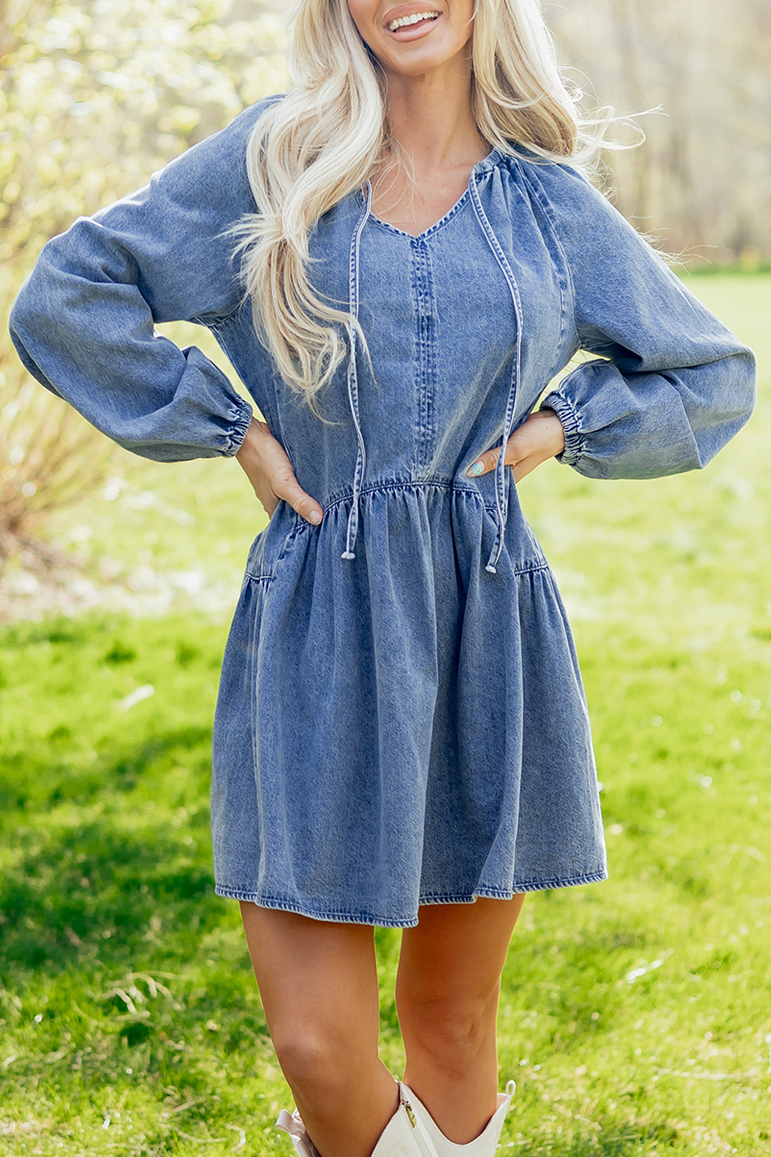 Myosotis Puff Sleeve V Neck Ruffled Loose Denim Mini Dress view 8