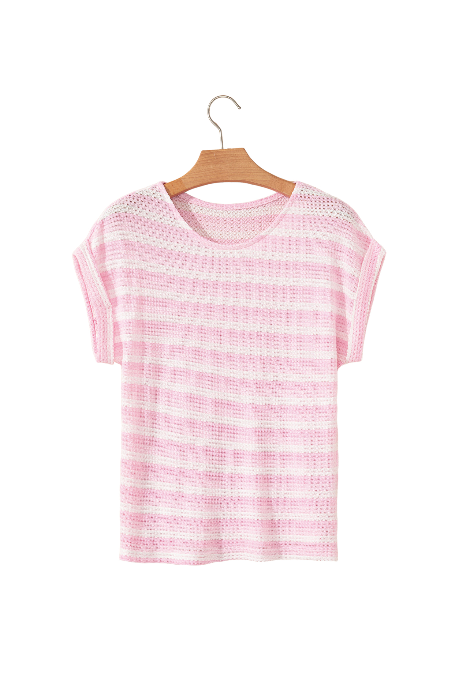 Pink Striped Print Waffle Knit T Shirt view 20